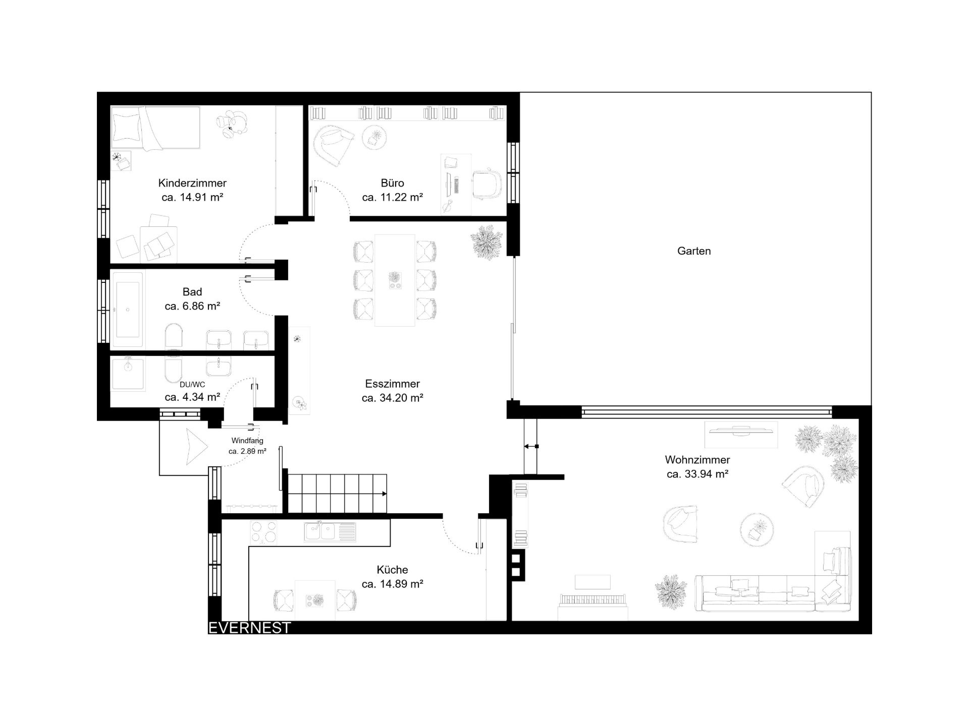 Grundriss mit Kinderzimmer, Büro, Esszimmer, Wohnzimmer, Küche, Bad, WC und Garten.