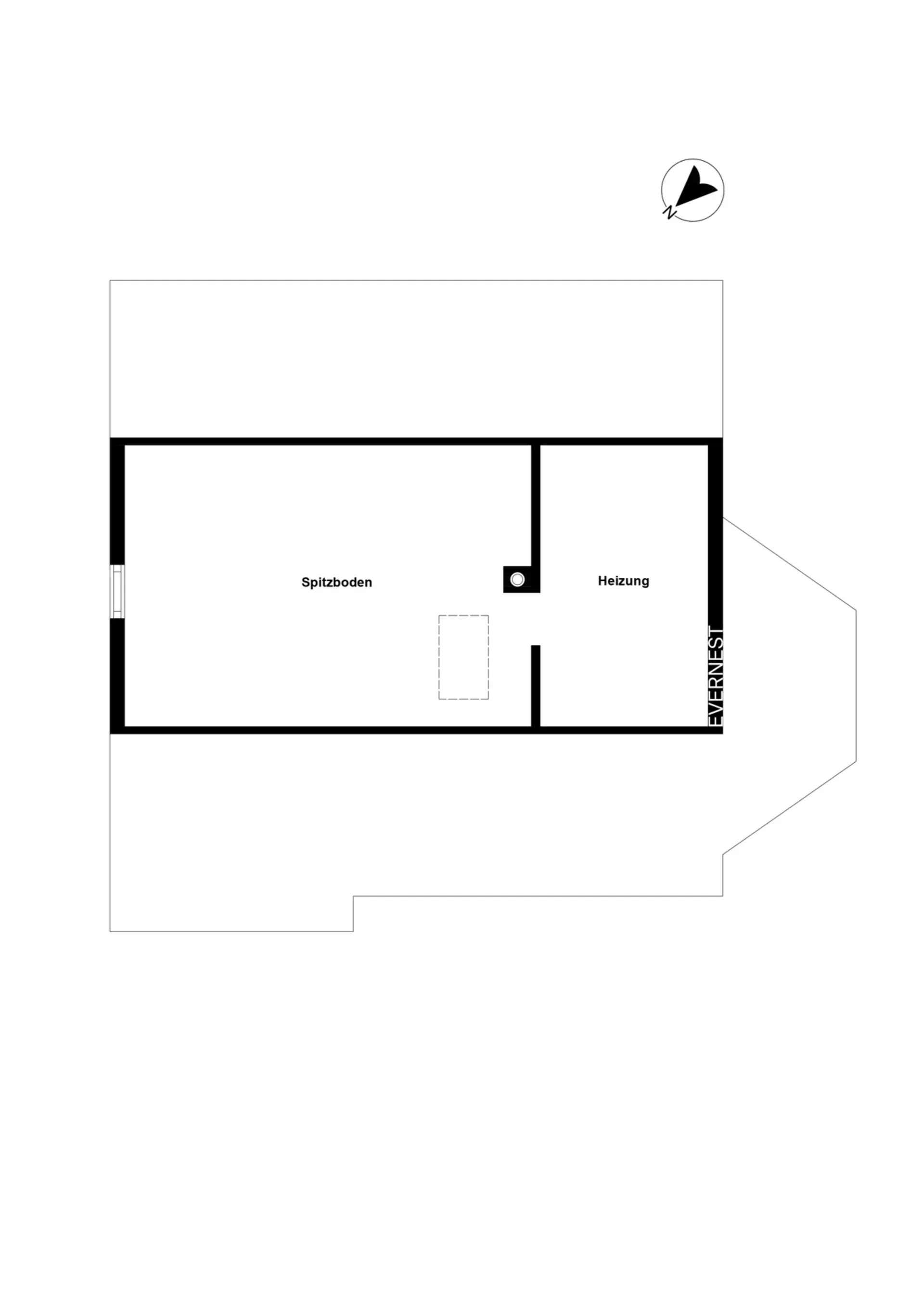 Grundriss mit zwei Räumen: Spitzboden und Heizung.