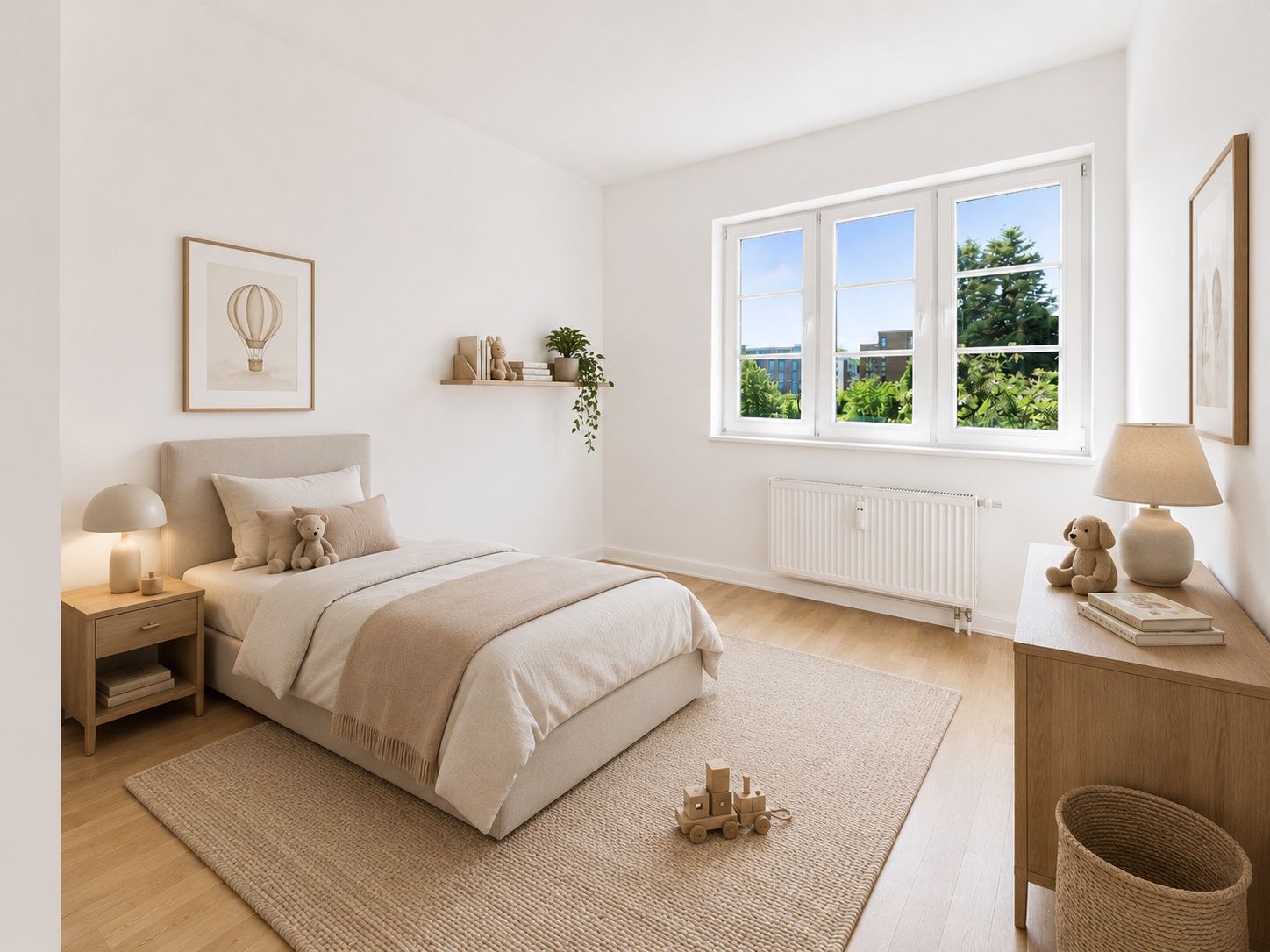 Helles Schlafzimmer mit Einzelbett, Teppich, Holz-Kommode und großem Fenster mit Blick ins Grüne.
