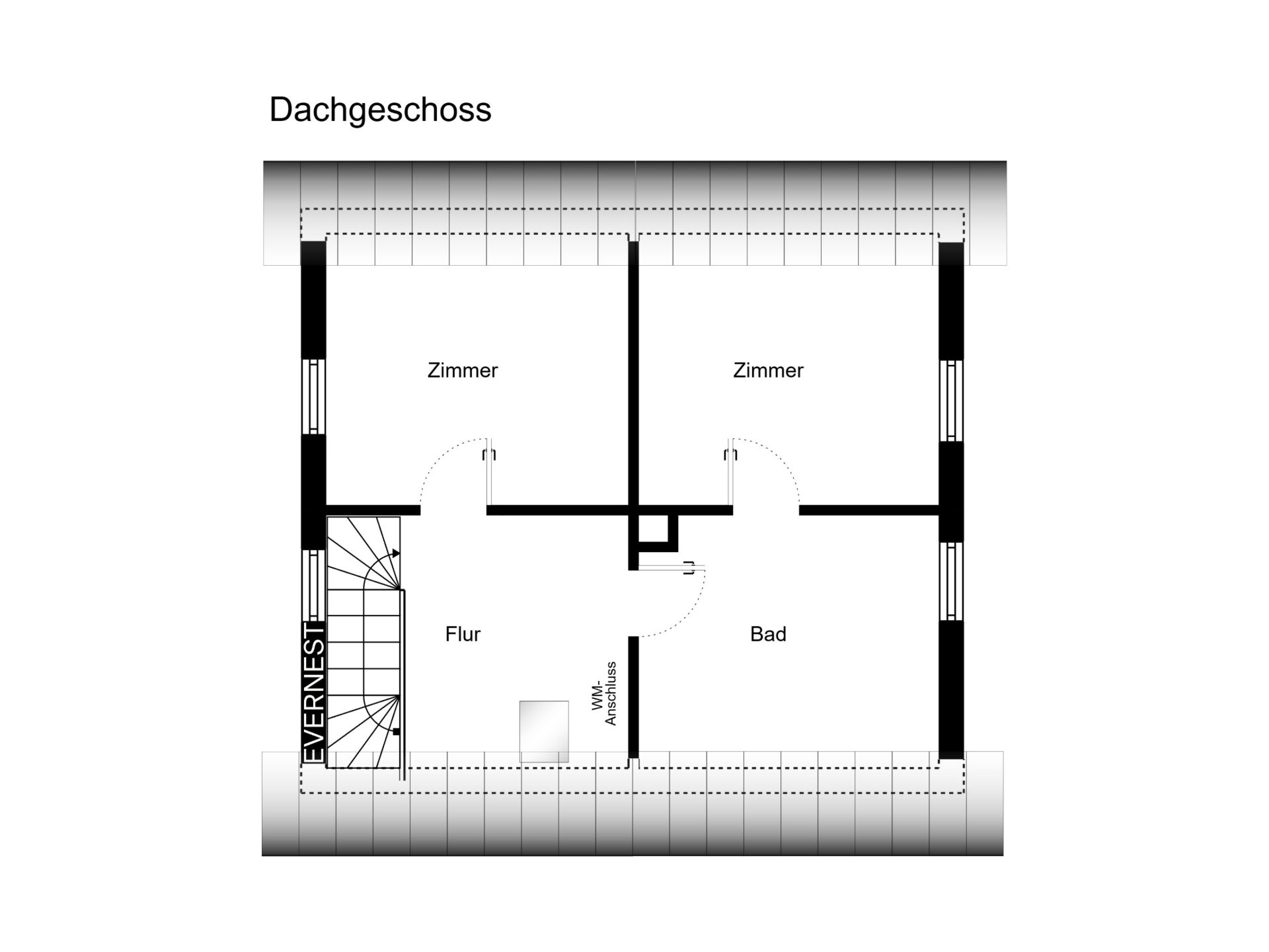 Grundriss des Dachgeschosses mit Flur, zwei Zimmern und Bad.