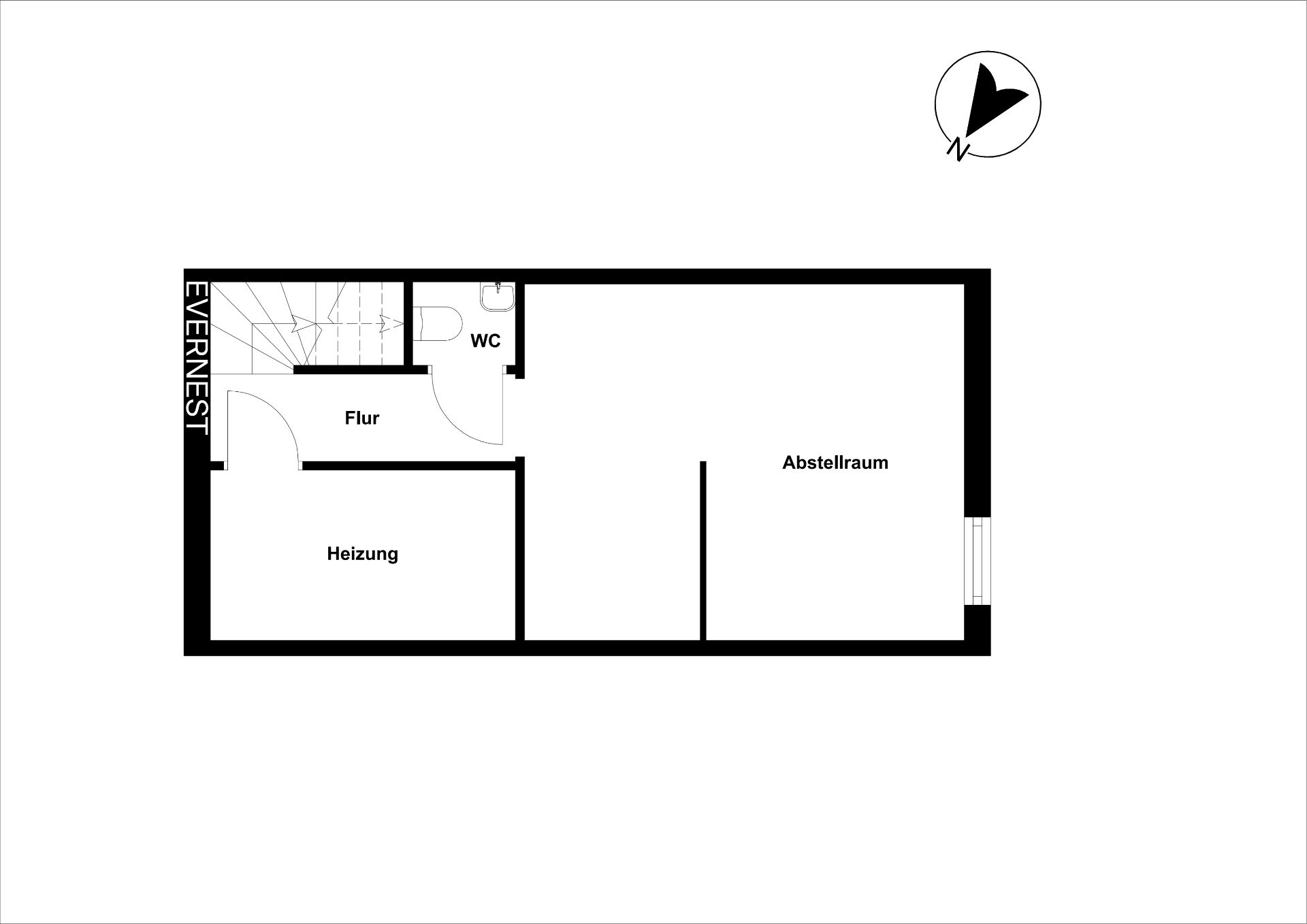 Grundriss mit Flur, WC, Heizungsraum und Abstellraum.