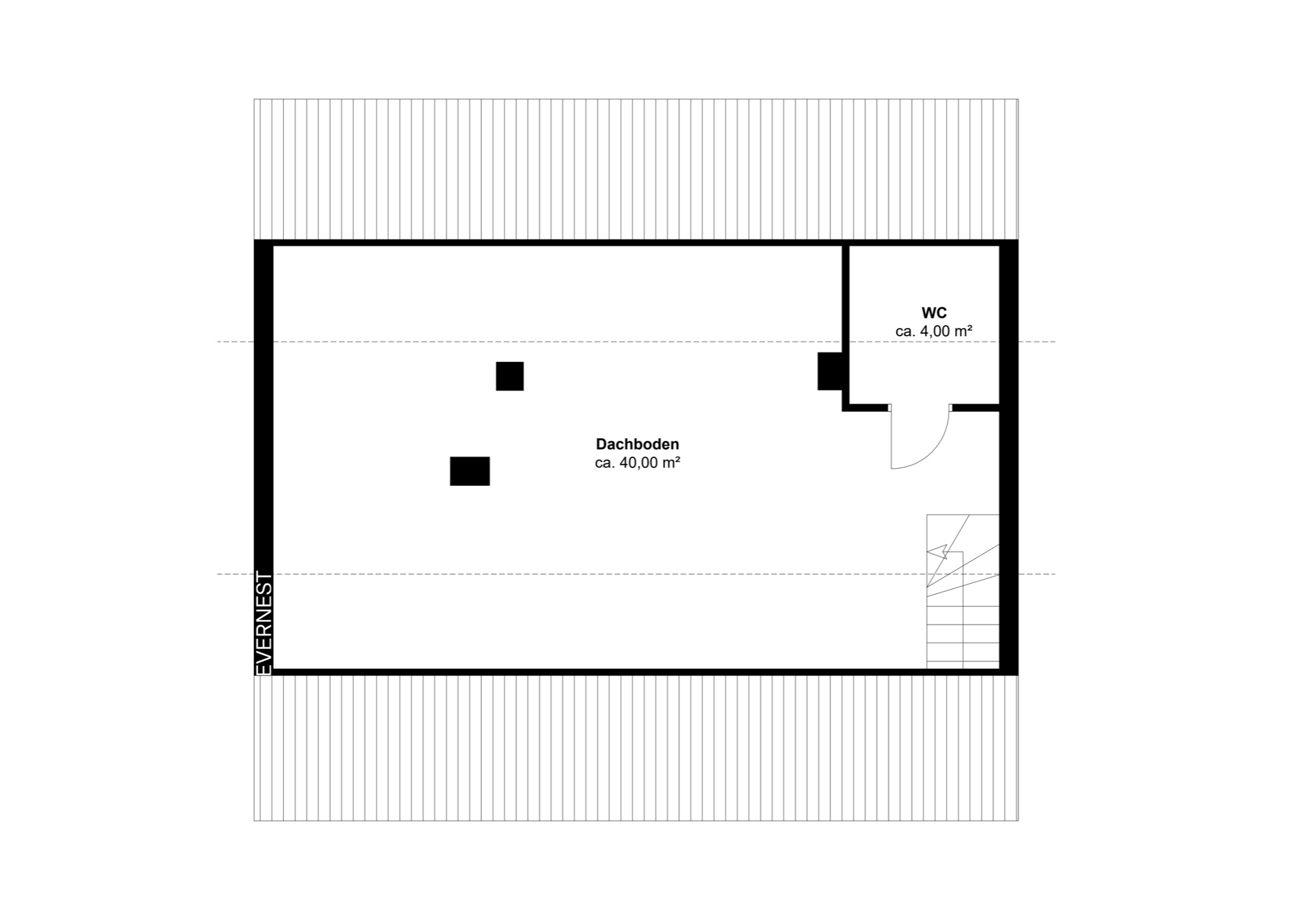 Grundriss eines Dachbodens mit WC und Treppe, ca. 40 Quadratmeter Fläche.