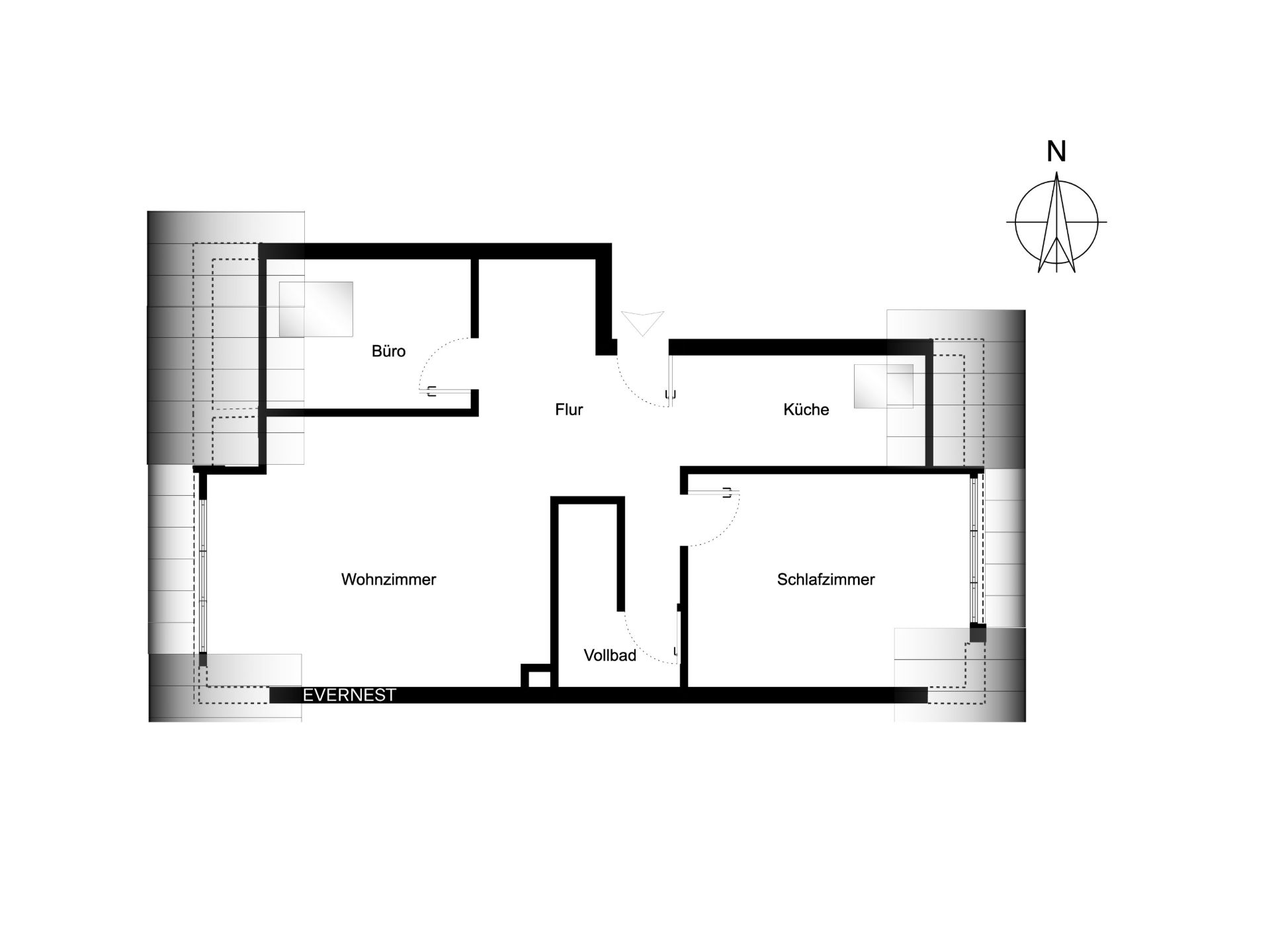 Grundriss einer Wohnung mit Wohnzimmer, Schlafzimmer, Büro, Küche, Flur und Vollbad.
