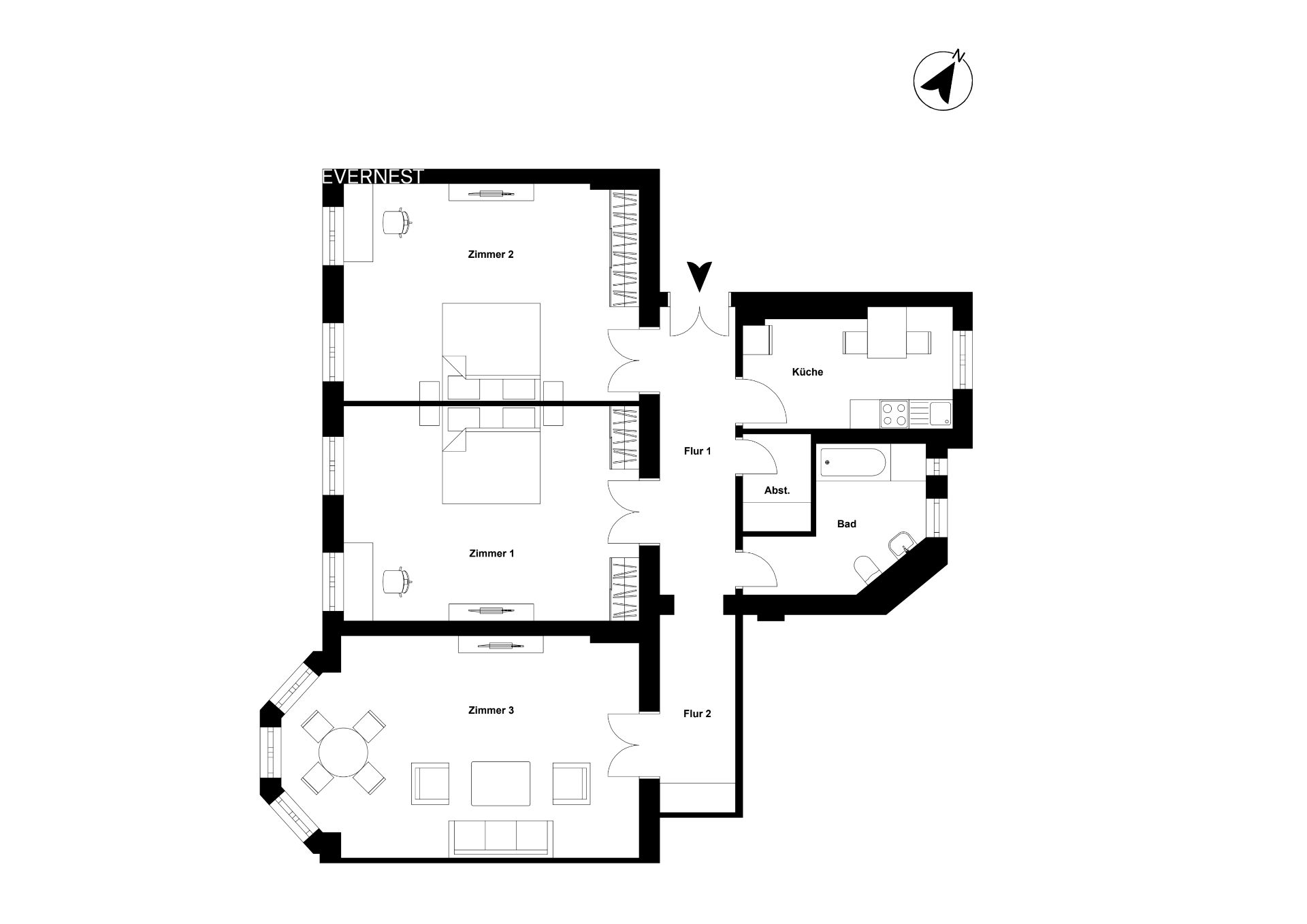 Grundriss einer Wohnung mit drei Zimmern, Küche, Bad, Abstellraum und zwei Fluren.