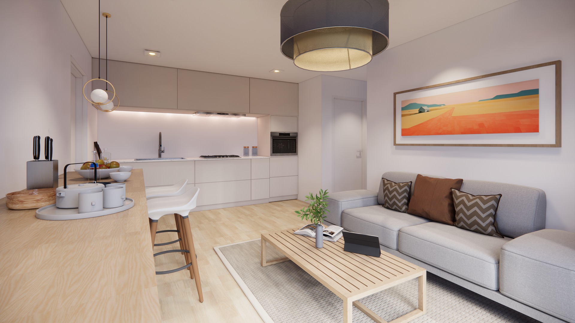 Helles Wohnzimmer mit offener Küche, Sofa, Couchtisch und großem Wandbild.