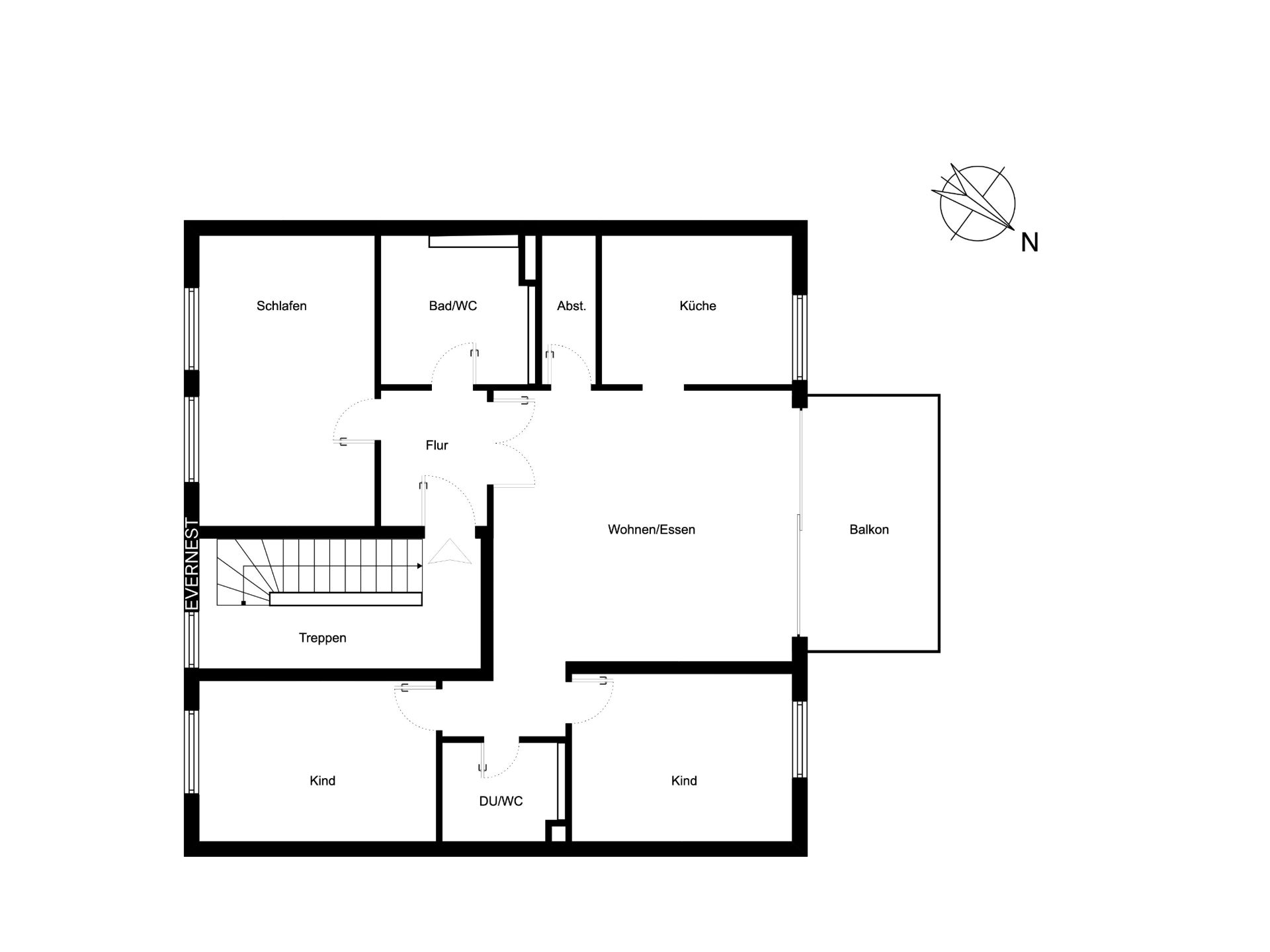 Grundriss einer Wohnung mit drei Schlafzimmern, Küche, zwei Bädern, Wohnbereich und Balkon.