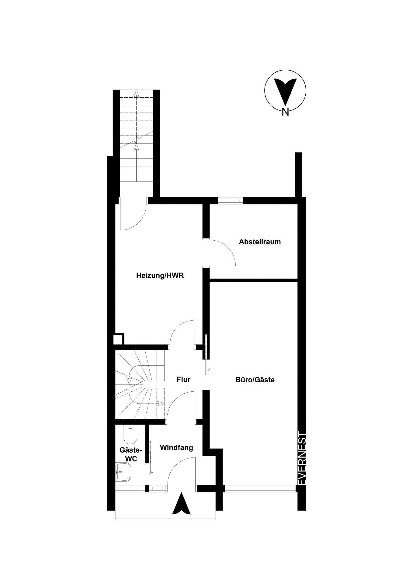 Grundriss mit Flur, Büro/Gästezimmer, Abstellraum, Heizung/HWR und Gäste-WC.