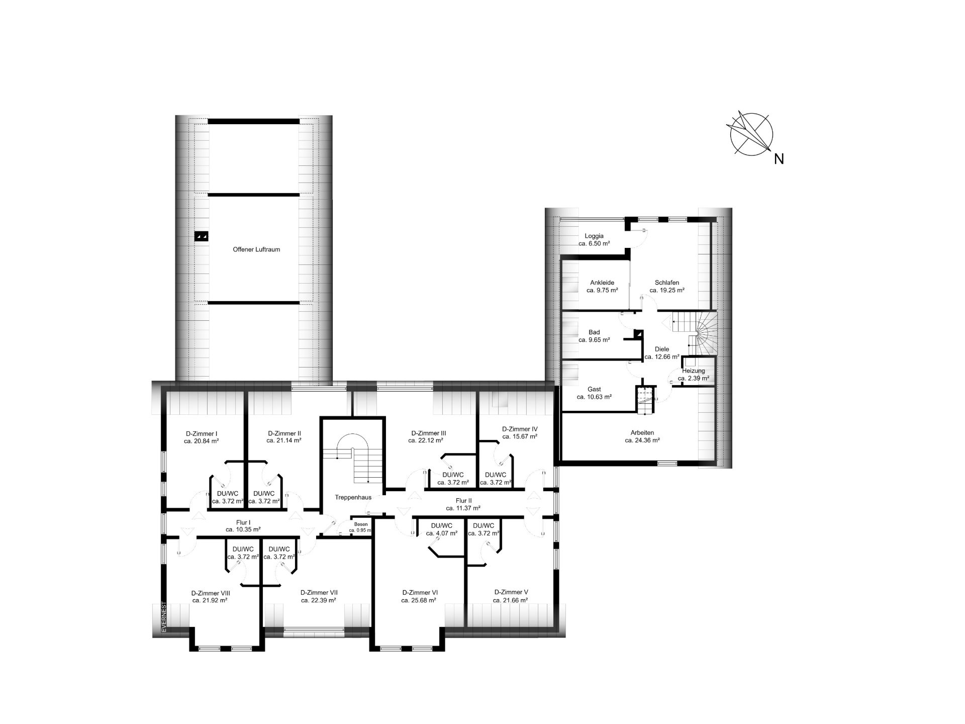 Grundriss eines Wohnhauses mit mehreren Zimmern, Bädern, Küche und Aufenthaltsräumen.
