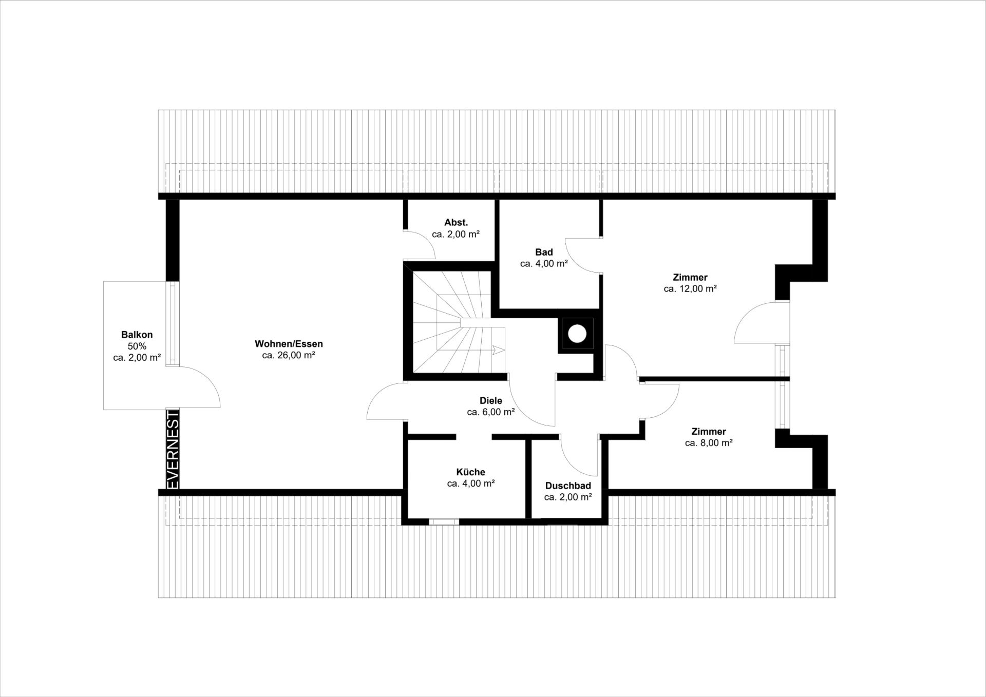 Grundriss einer Wohnung mit Balkon, Wohnzimmer, Küche, Bad, Duschbad, zwei Zimmern und Abstellraum.