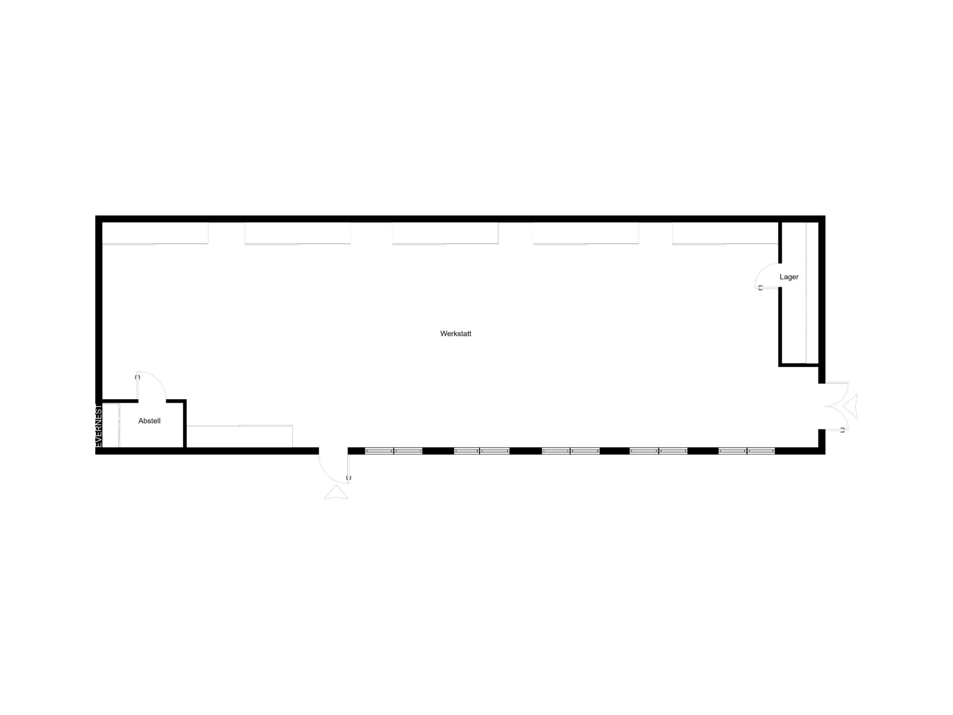 Grundriss mit Werkstatt, Abstellraum links und Lagerraum rechts.