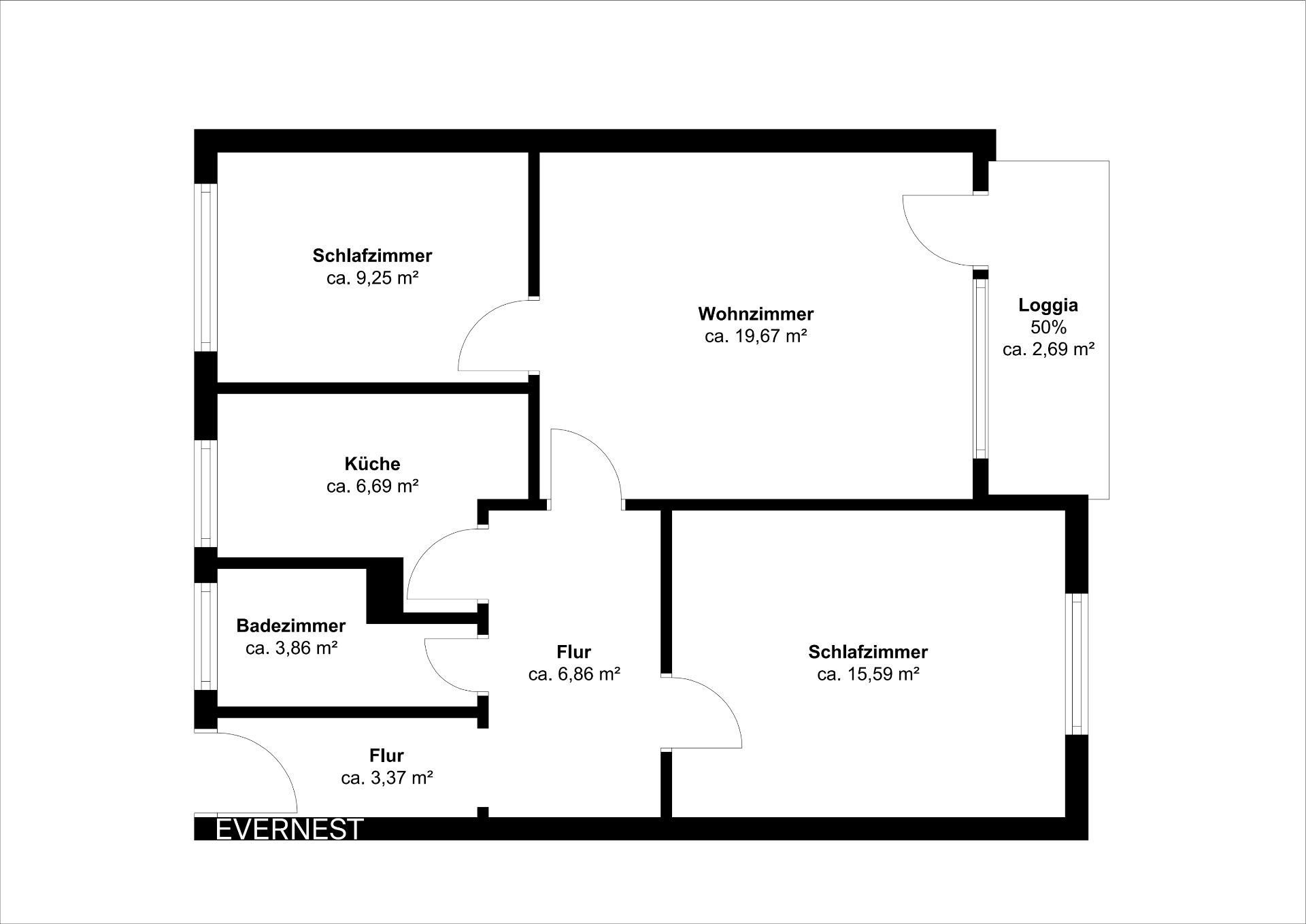 Grundriss einer Wohnung mit Wohn-, Schlaf-, Badezimmer, Küche, Flur und Loggia.