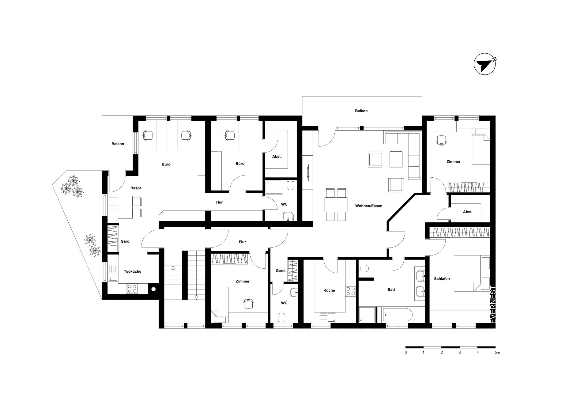 Grundriss einer Wohnung mit mehreren Zimmern, Küche, Bad, Wohnzimmer und zwei Balkonen.
