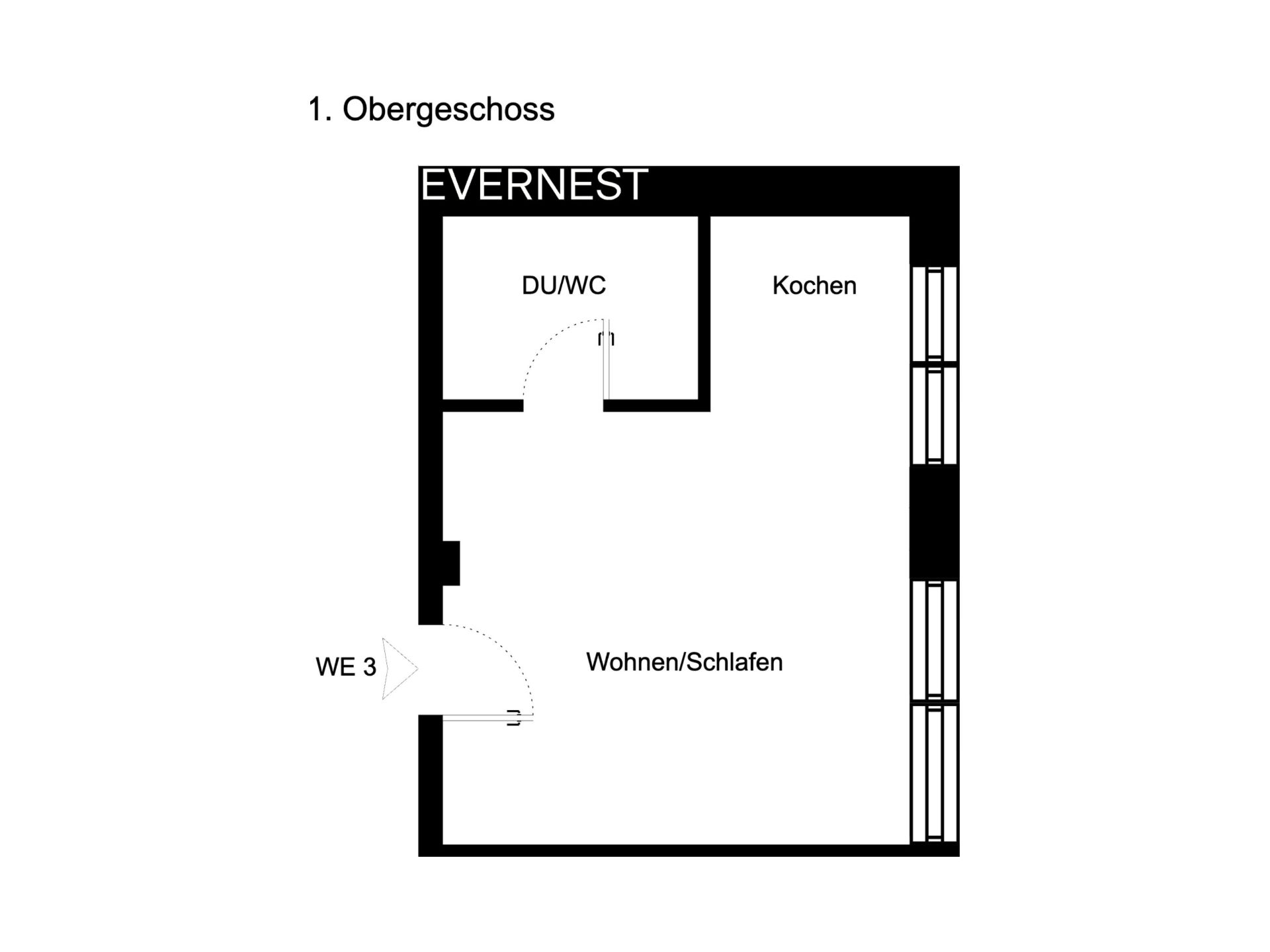 Grundriss einer Wohnung mit Wohn-/Schlafraum, Küche, Bad und Eingangsbereich.