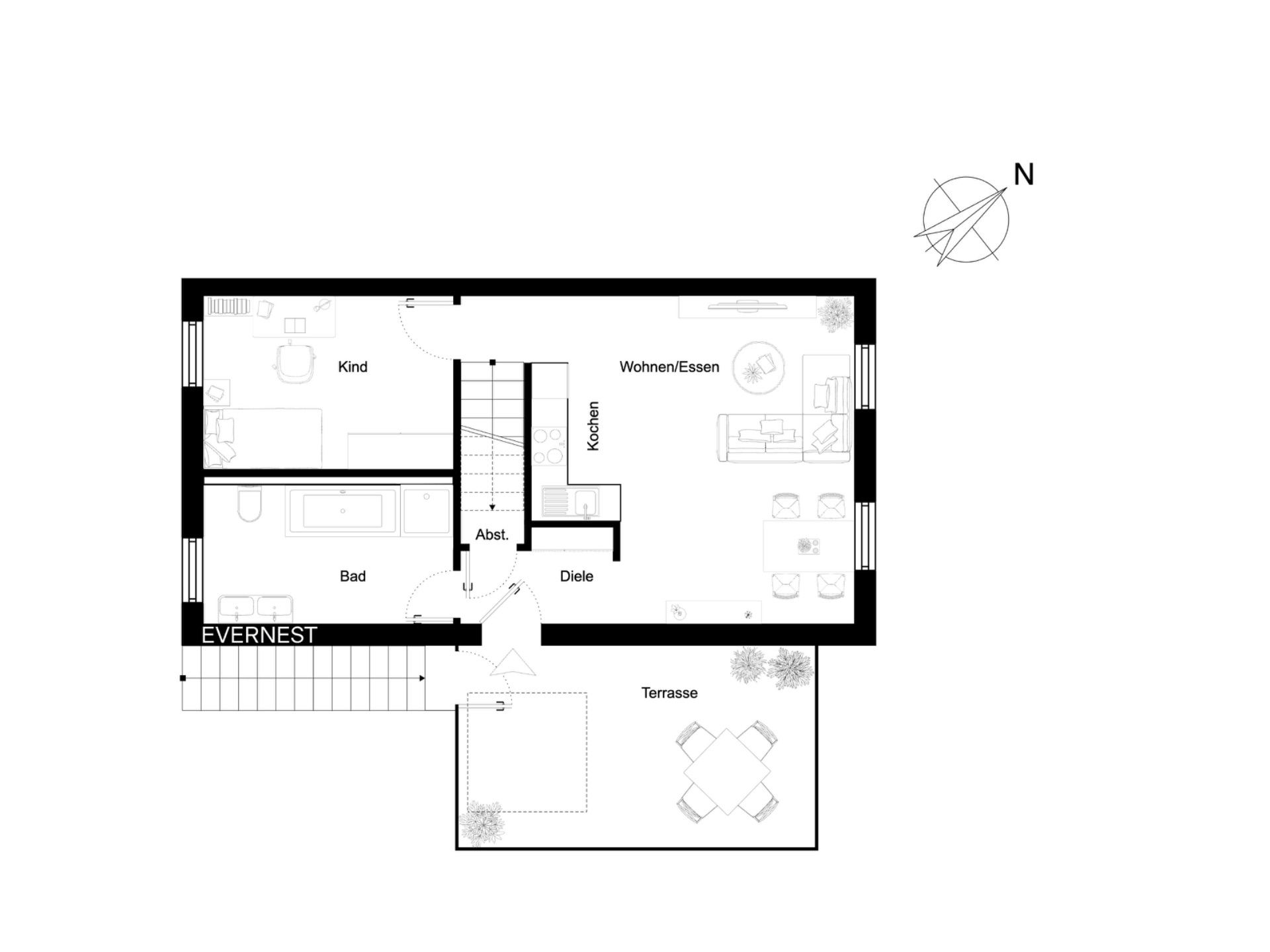 Grundriss mit Zimmern: Kind, Bad, Küche, Wohnen/Essen und Terrasse.