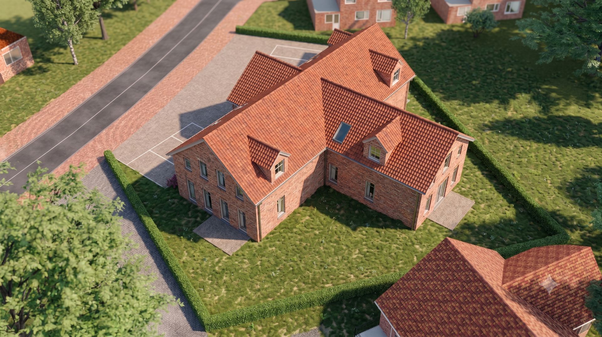 Luftaufnahme eines Backsteinhauses mit rotem Dach und Garten in Wohngegend.
