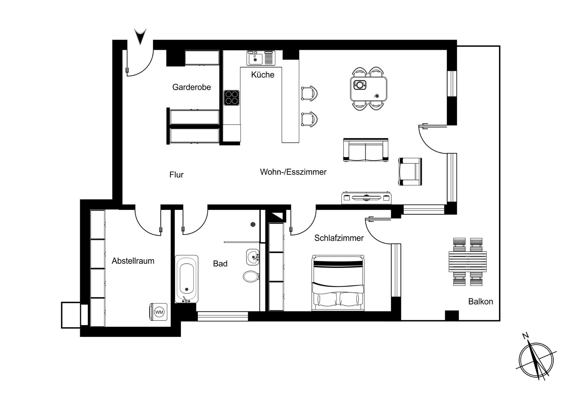 Grundriss einer Wohnung mit Schlafzimmer, Bad, Abstellraum, Küche, Wohn-/Esszimmer und Balkon.