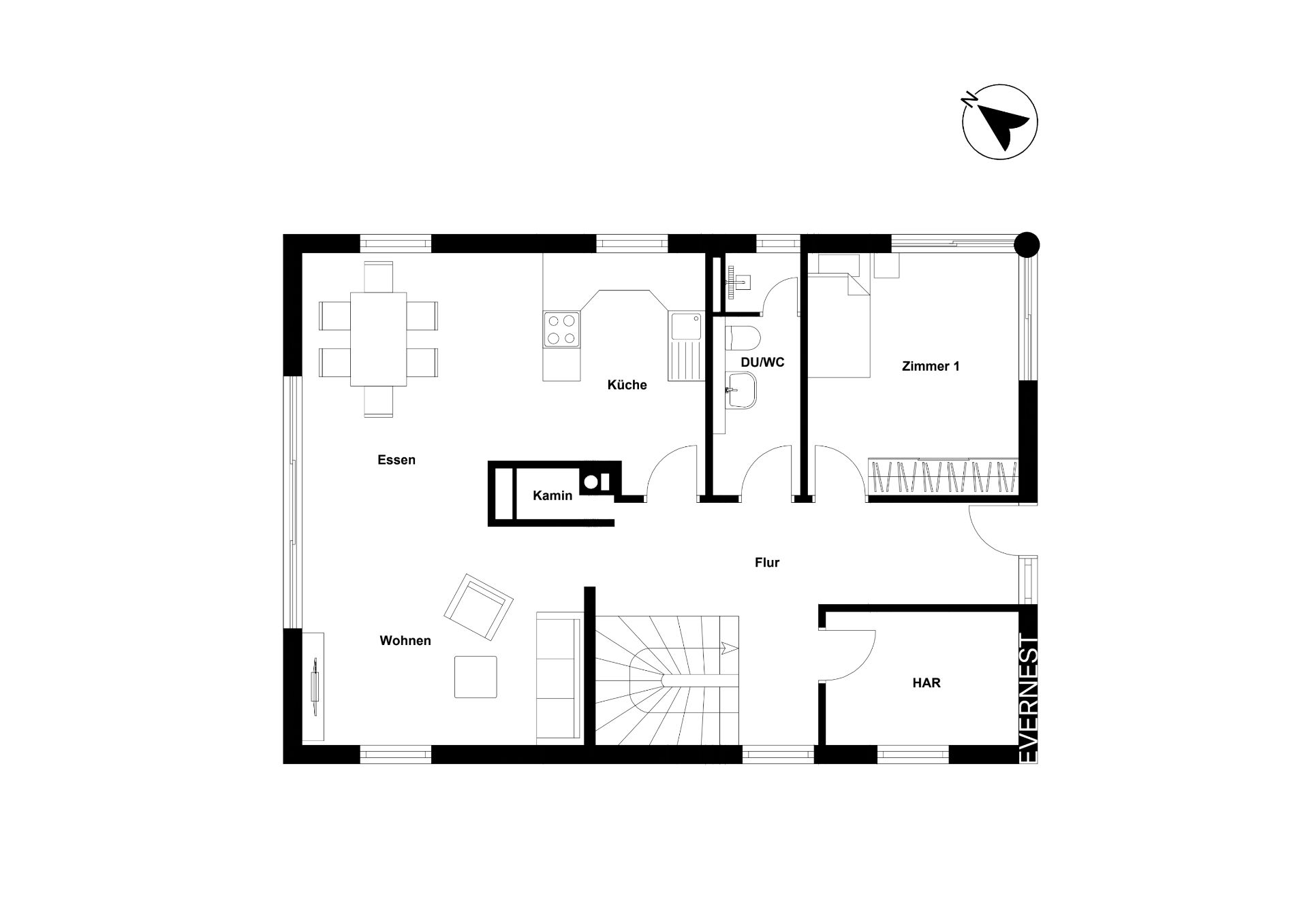Grundriss eines Wohnhauses mit Küche, Wohnzimmer, Essbereich, Bad und einem Zimmer.