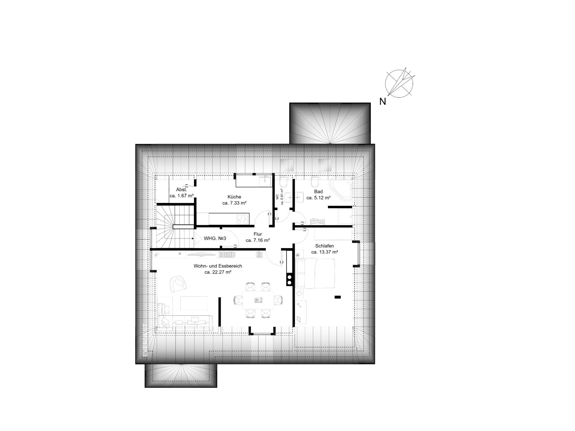 Grundriss einer Wohnung mit Wohnbereich, Küche, Bad, Schlafzimmer und Abstellraum.