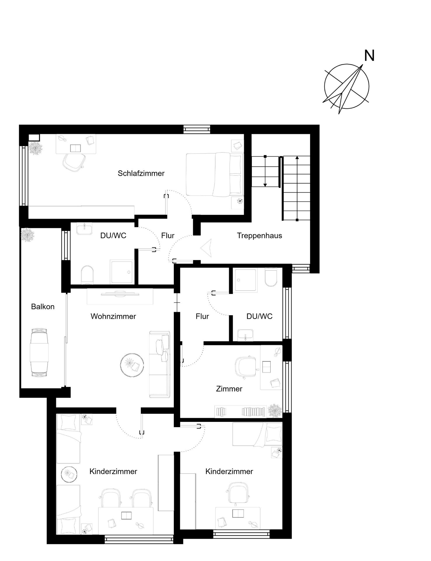 Grundriss einer Wohnung mit Schlafzimmer, Wohnzimmer, zwei Kinderzimmern, einem Zimmer, zwei Bädern und Balkon.