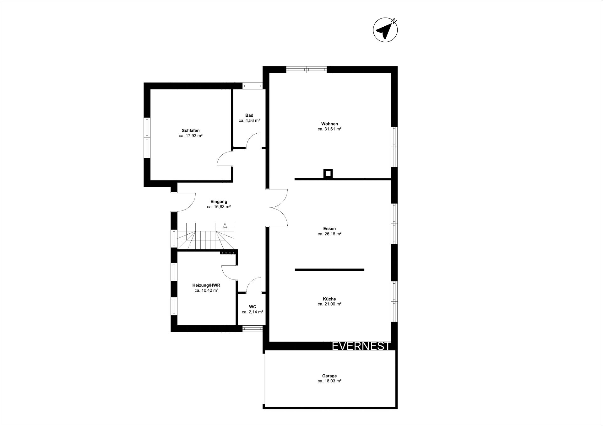 Grundriss eines Hauses mit Schlafzimmer, Bad, Wohnzimmer, Küche, Esszimmer, WC und Garage.