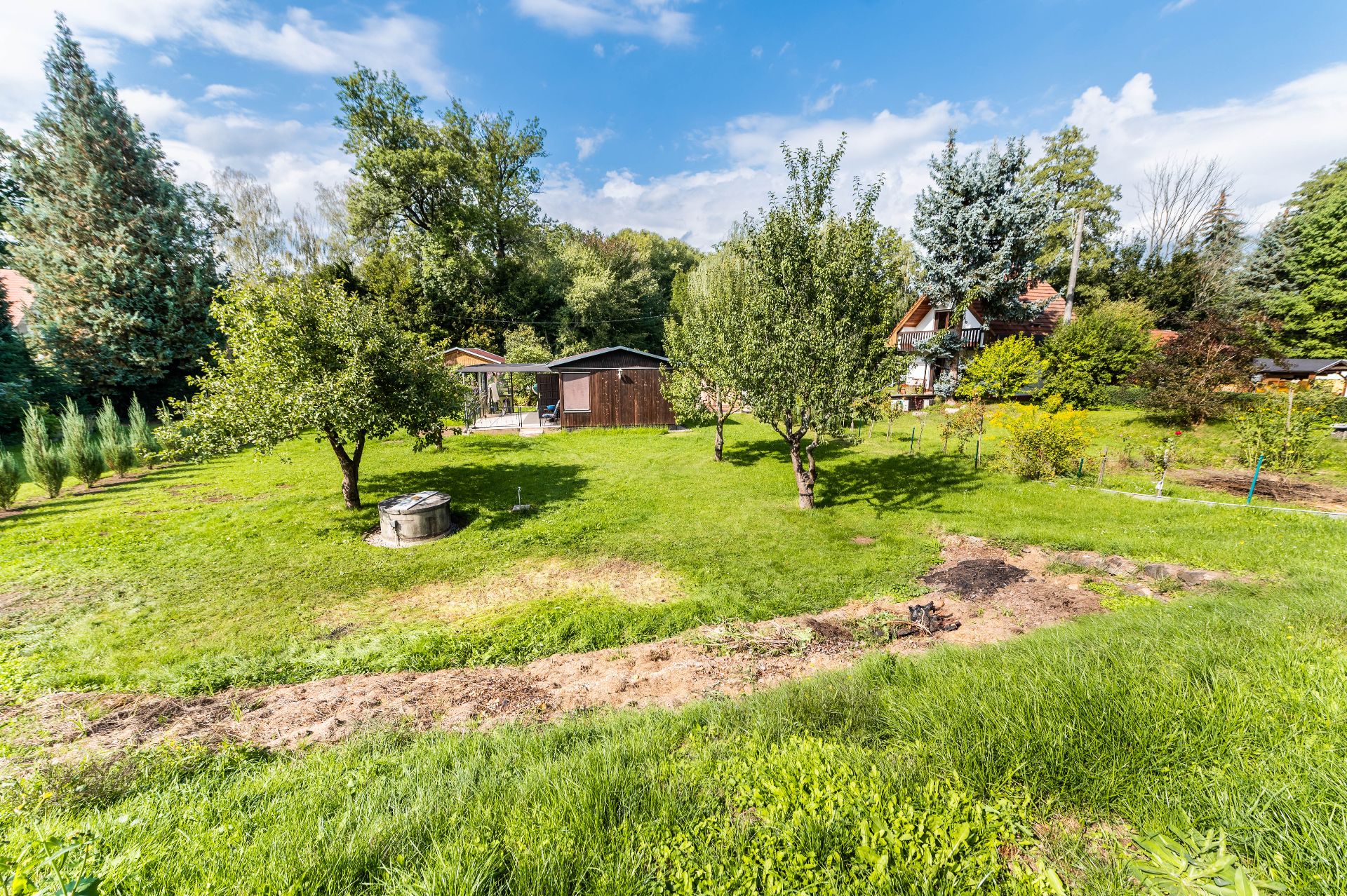 Großer grüner Garten mit Bäumen, Rasenfläche und einem kleinen Schuppen im Hintergrund.