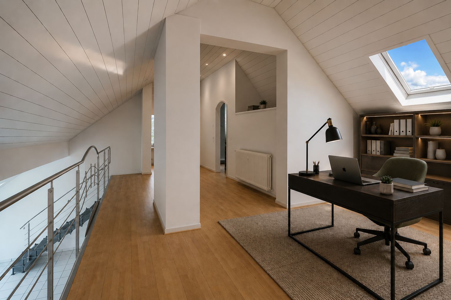 Helles Dachgeschoss mit Schreibtisch, Regal, Fenster und Holzfußboden.