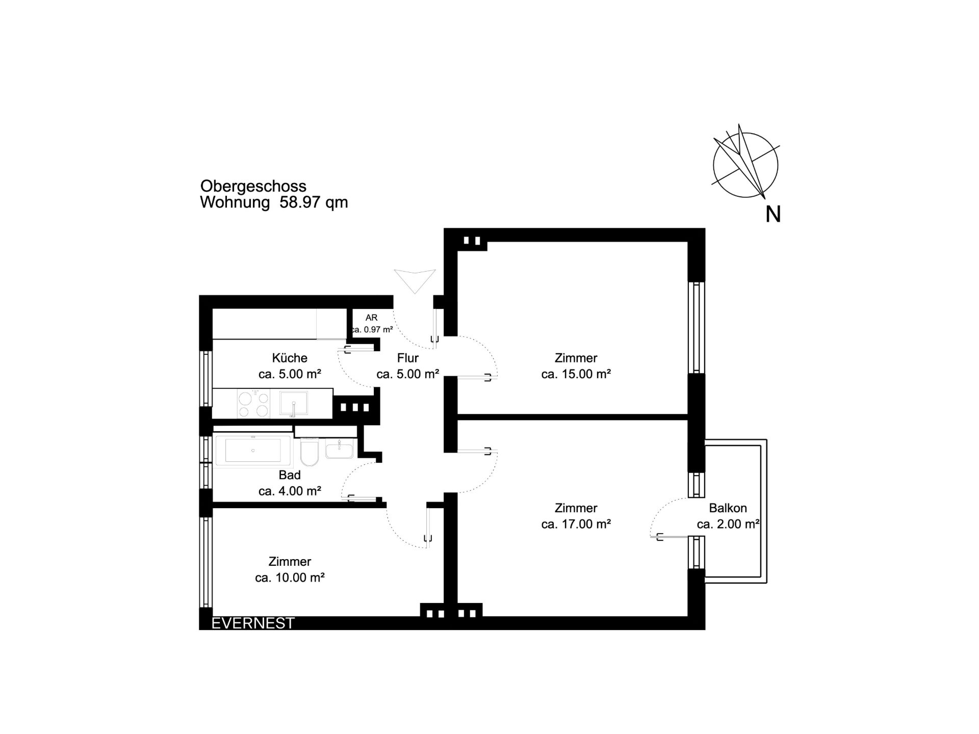 Grundriss einer Wohnung mit drei Zimmern, Küche, Bad, Flur, Abstellraum und Balkon.
