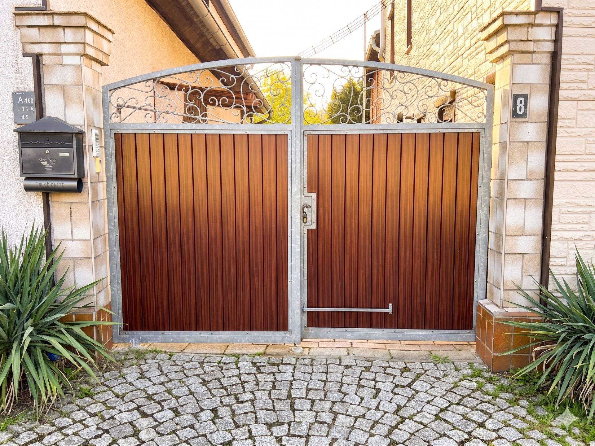 Geschlossenes Holztor mit Metallrahmen zwischen zwei gemauerten Säulen, davor gepflasterter Weg.