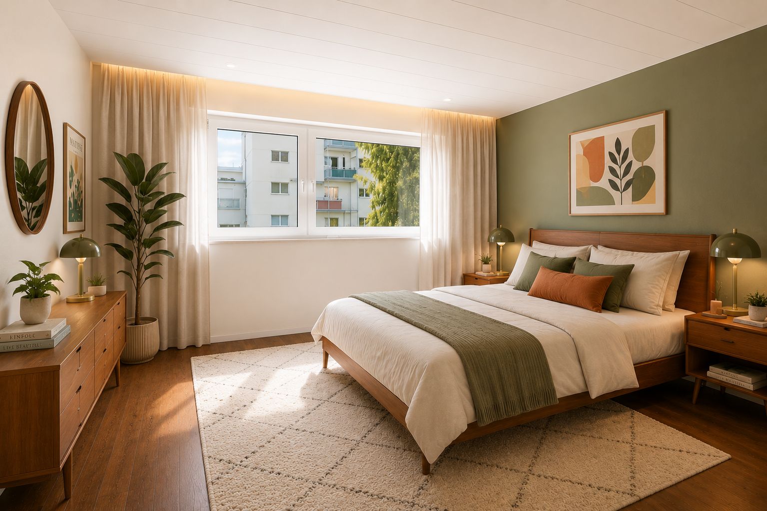 Modernes Schlafzimmer mit großem Bett, Holzmöbeln, Teppich und Pflanzen, Licht durch großes Fenster.