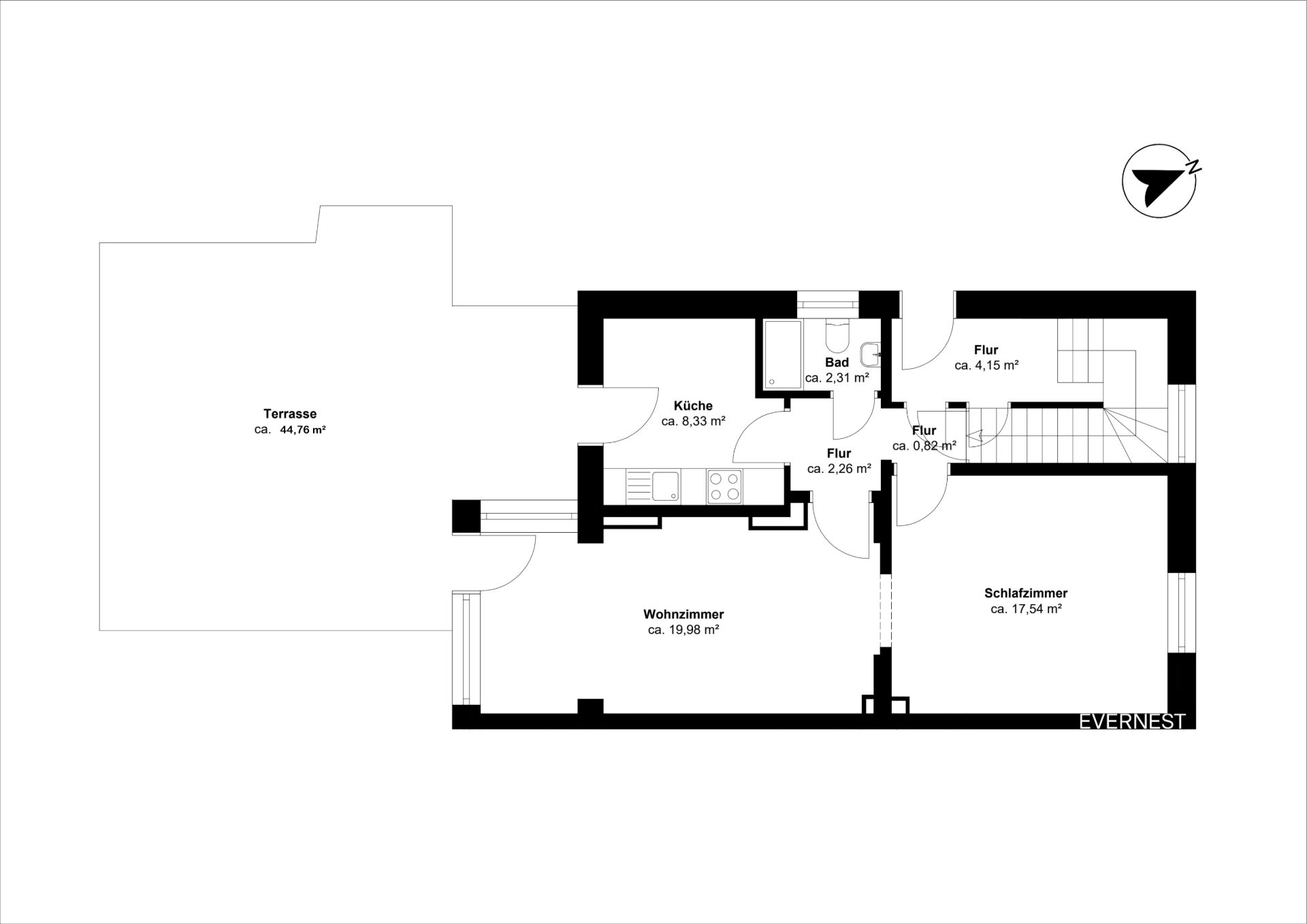 Grundriss mit Wohnzimmer, Schlafzimmer, Küche, Bad, Fluren und großer Terrasse.