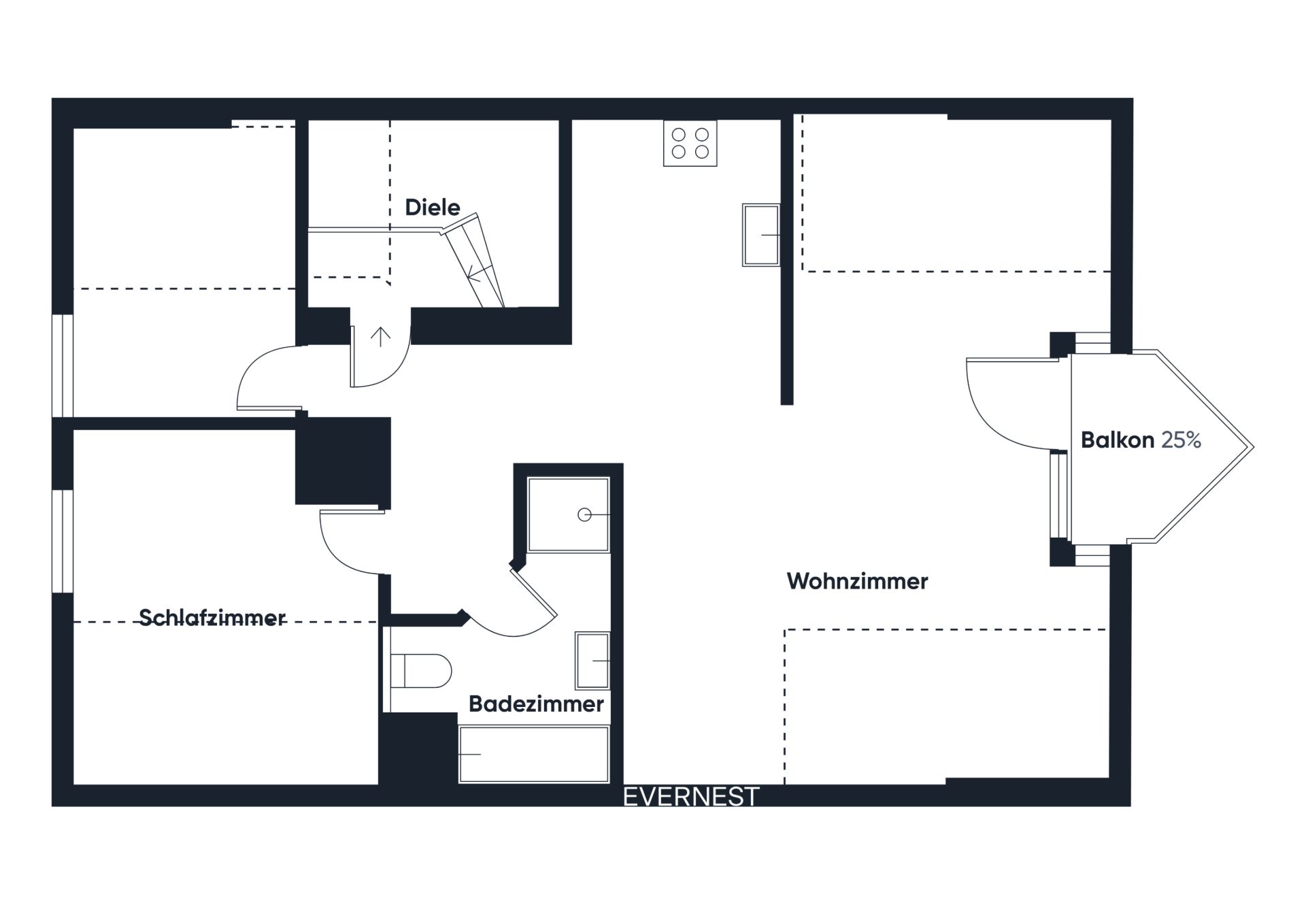 Grundriss einer Wohnung mit Schlafzimmer, Wohnzimmer, Badezimmer, Diele und Balkon.