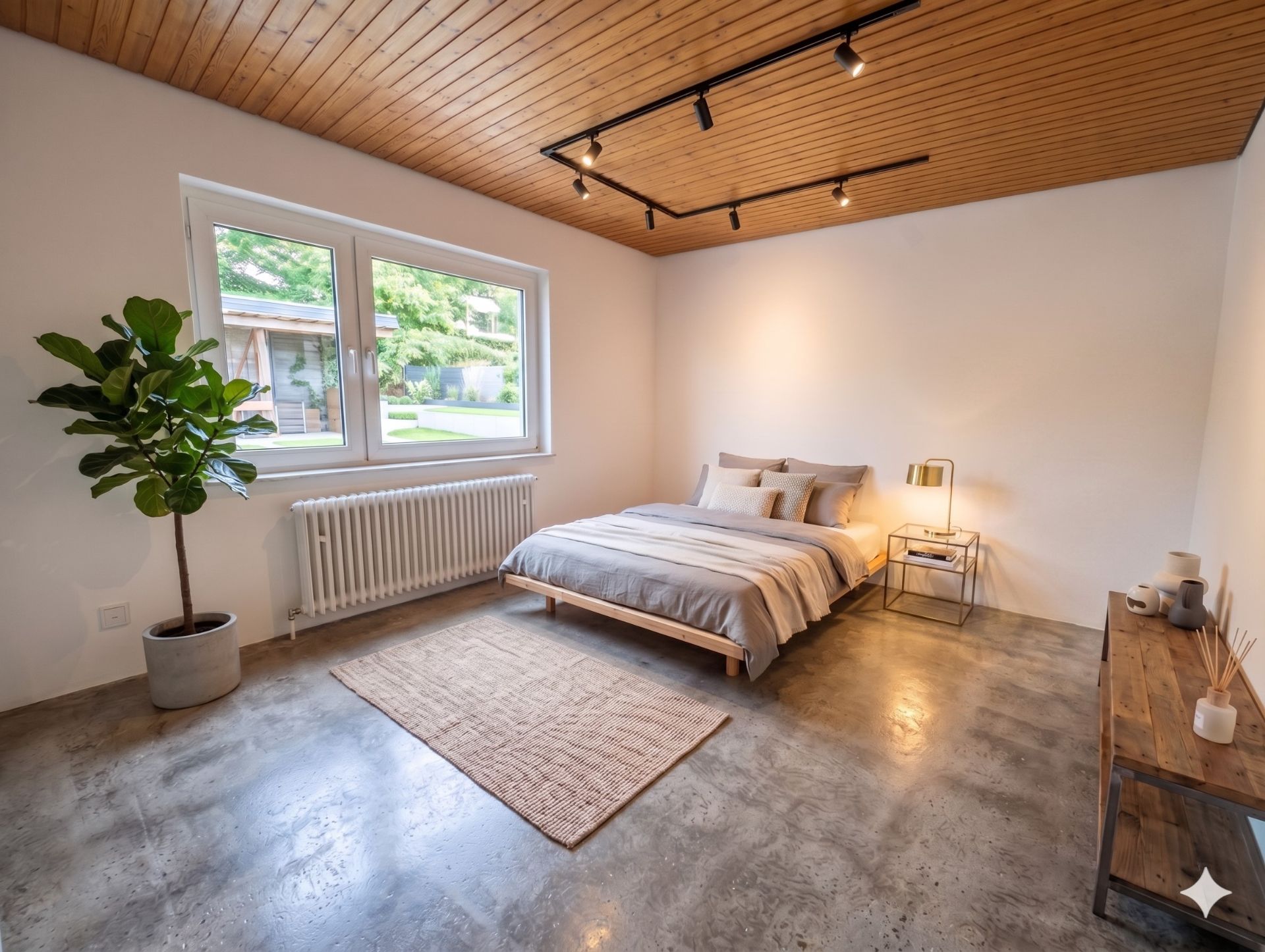 Helles Schlafzimmer mit Doppelbett, großem Fenster, Zimmerpflanze und Holzdecke.