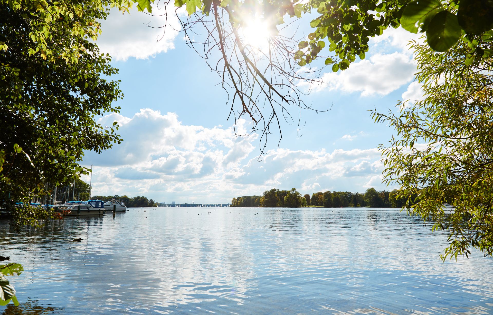 Blick auf einen ruhigen See mit Bäumen am Ufer und Booten auf der linken Seite.