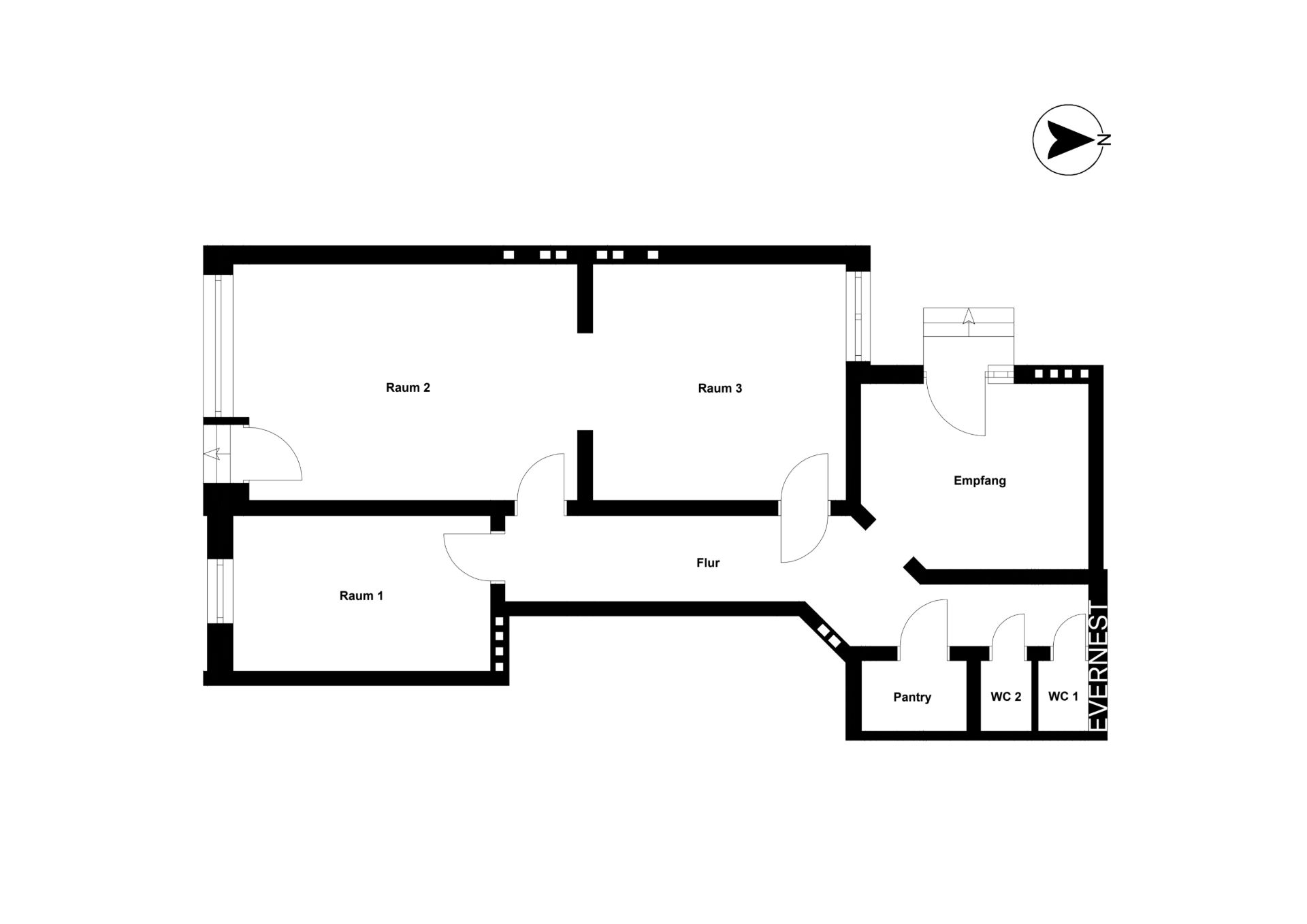Grundriss einer Wohnung mit drei Räumen, Flur, Empfang, Pantry und zwei WCs.