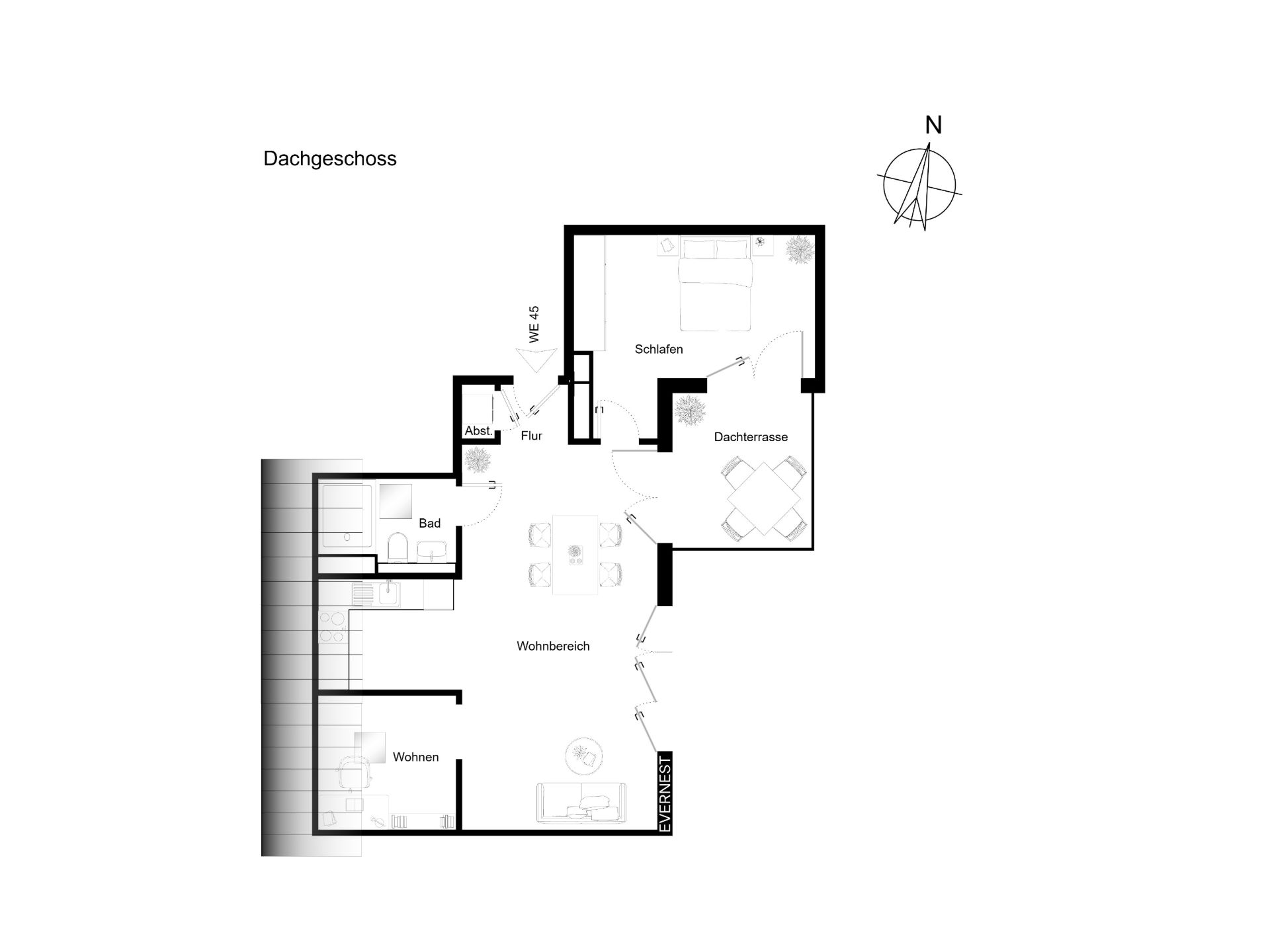 Grundriss einer Wohnung im Dachgeschoss mit Wohnbereich, Schlafzimmer, Bad und Dachterrasse.