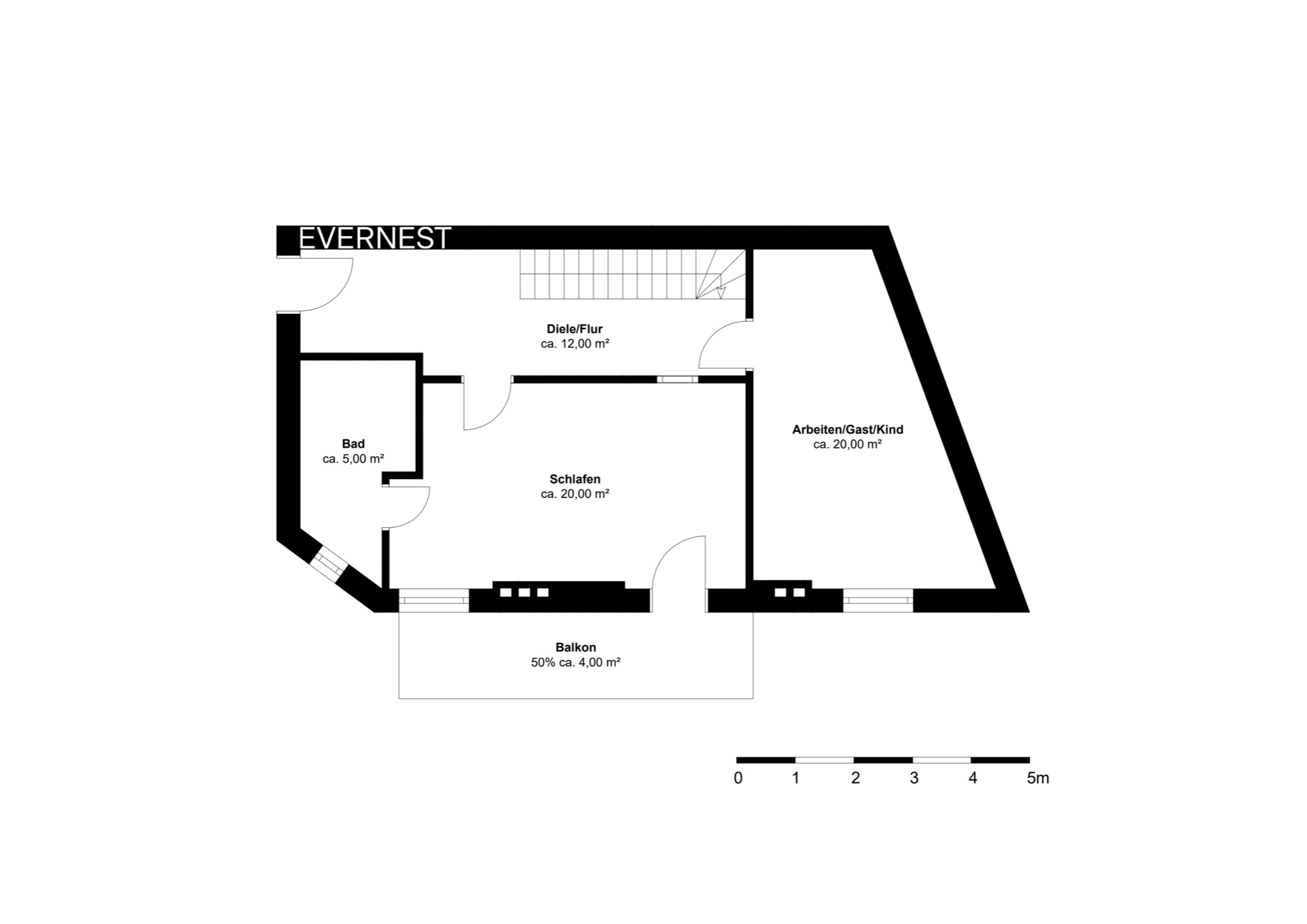 Wohnungsgrundriss mit Schlaf-, Arbeits-, Bad-, Flur- und Balkonbereichen.