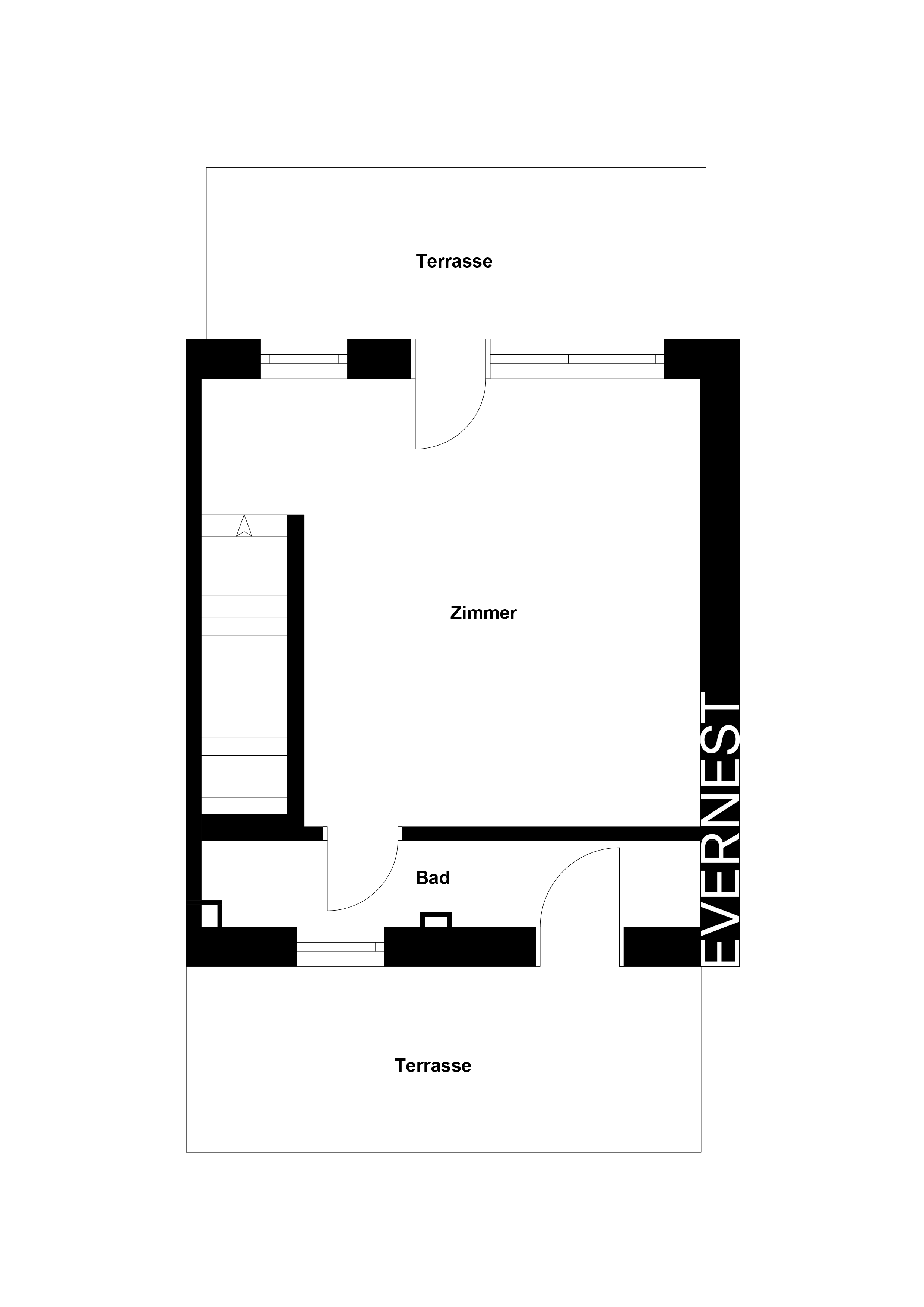 Grundriss mit einem Zimmer, Bad, zwei Terrassen und einer Treppe.