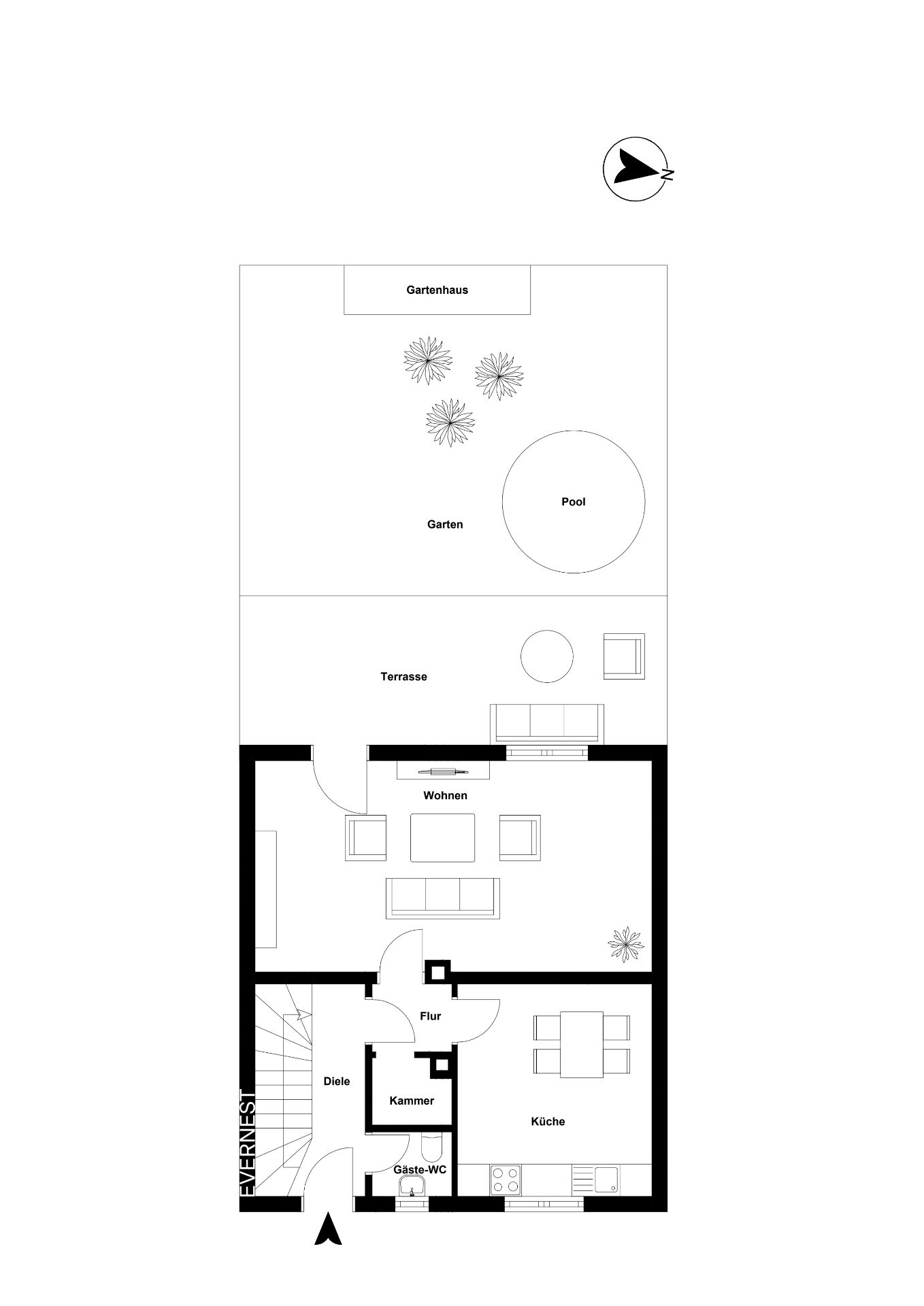 Grundriss eines Wohnhauses mit Garten, Terrasse, Pool, Wohnzimmer, Küche und Gäste-WC.