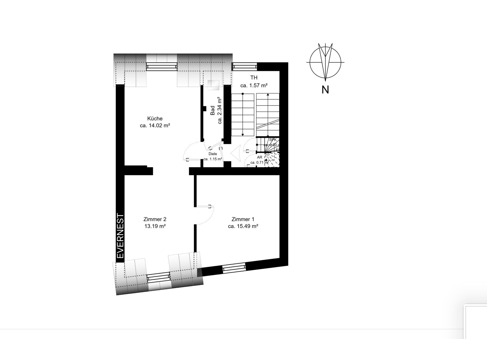 Grundriss einer Wohnung mit zwei Zimmern, Küche, Bad, Flur und Treppe.