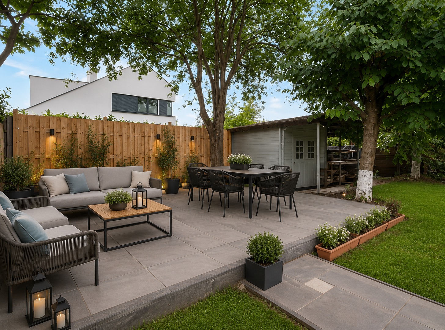 Moderne Terrasse mit Sitzgruppe, Esstisch, Pflanzen und Gartenhaus im Grünen.