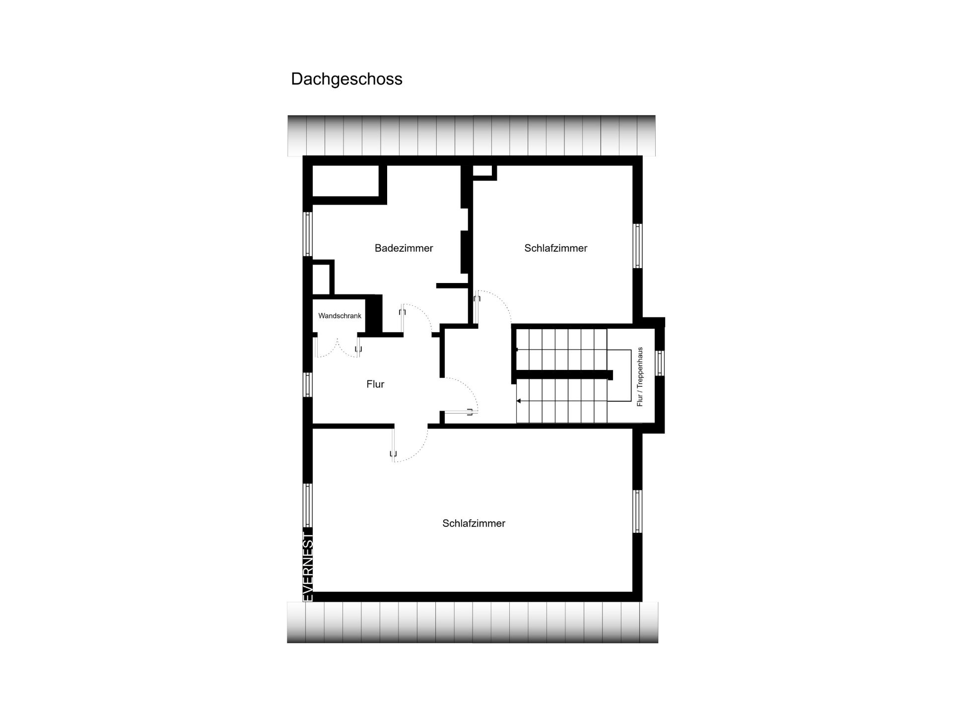 Grundriss eines Dachgeschosses mit zwei Schlafzimmern, Flur, Badezimmer und einem Wandschrank.