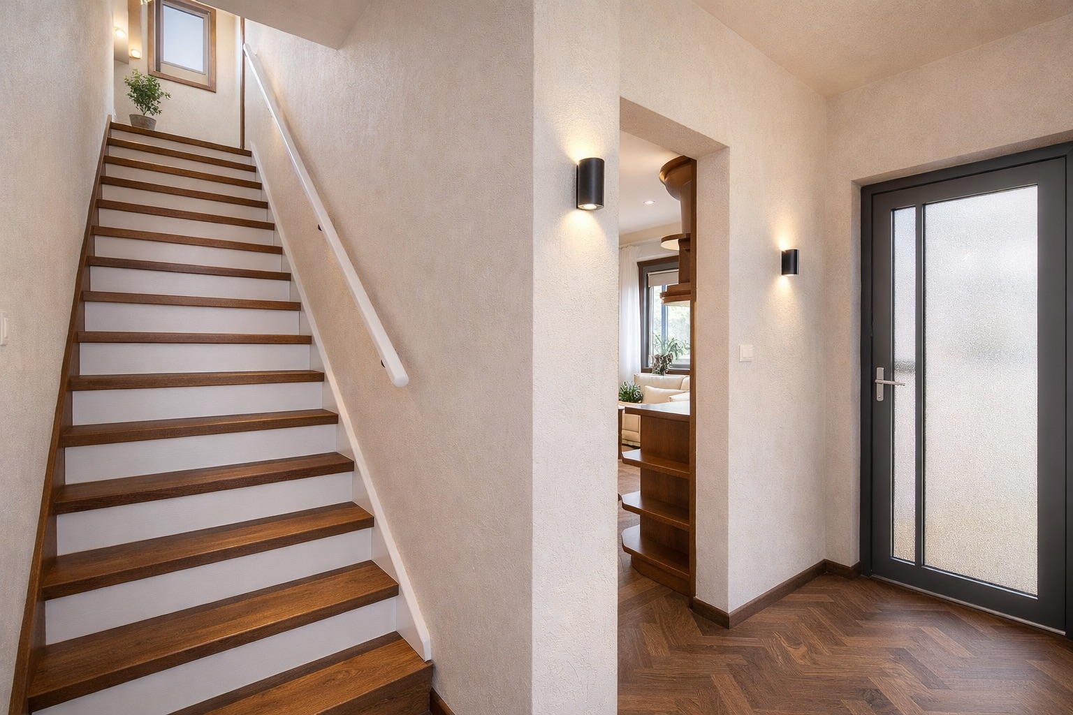 Heller Flur mit Holztreppe, Glastür und Blick in einen angrenzenden Raum.