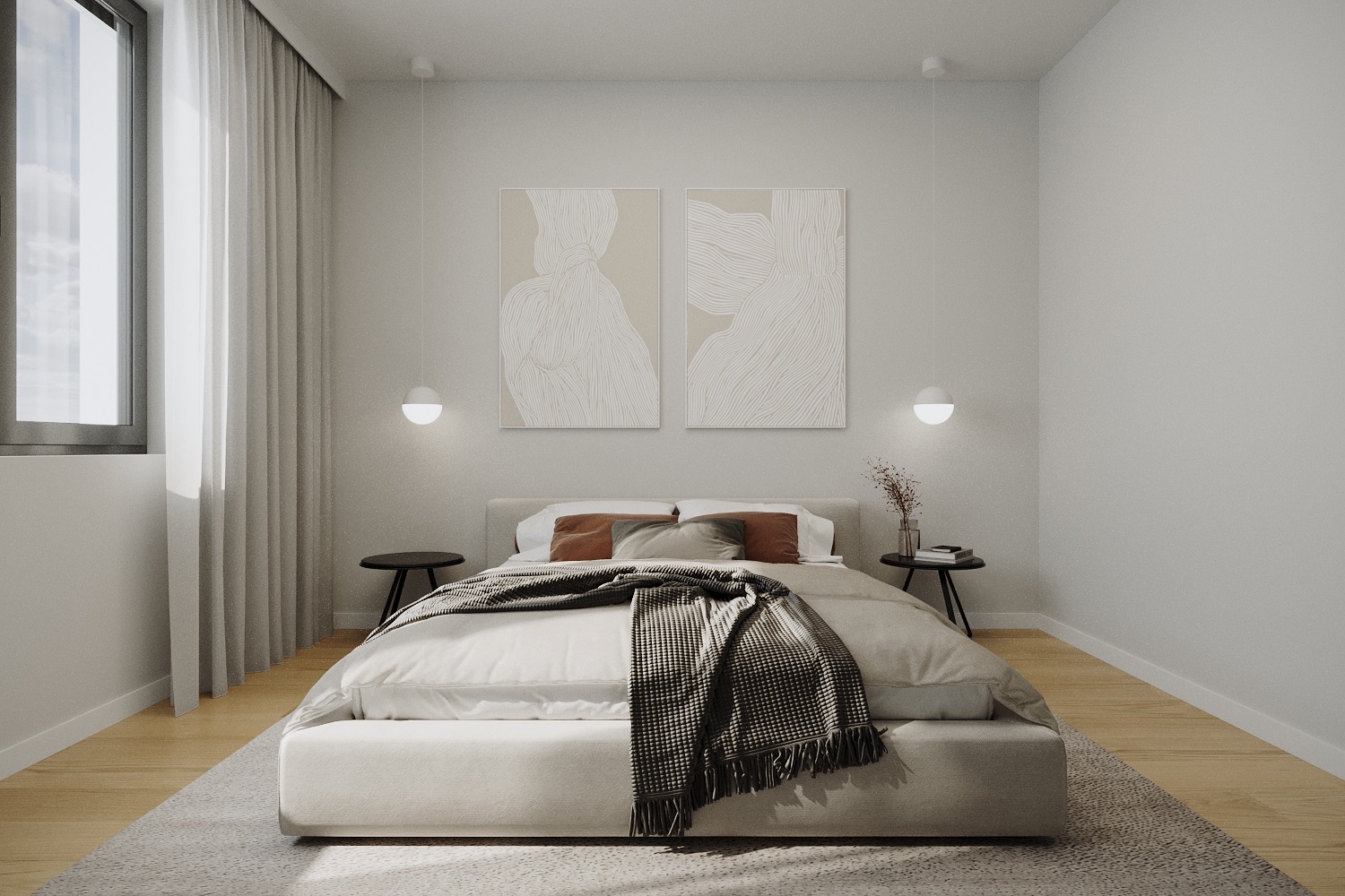 Modernes Schlafzimmer mit Doppelbett, Nachttischen, abstrakter Kunst und großen Fenstern.