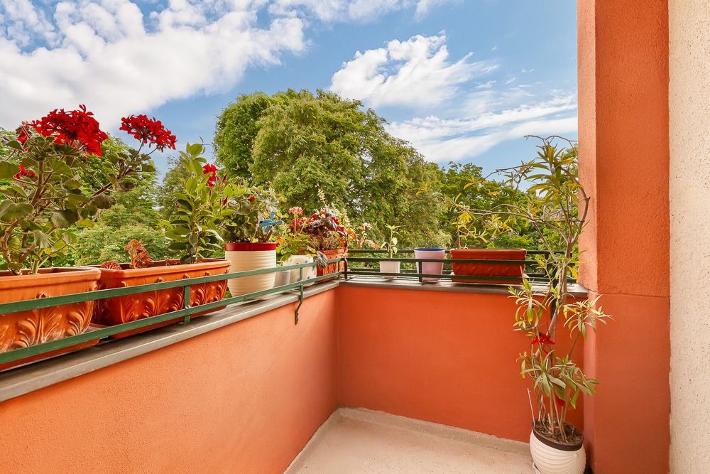 Kleiner Balkon mit orangefarbener Wand und mehreren Blumentöpfen, im Hintergrund Bäume.