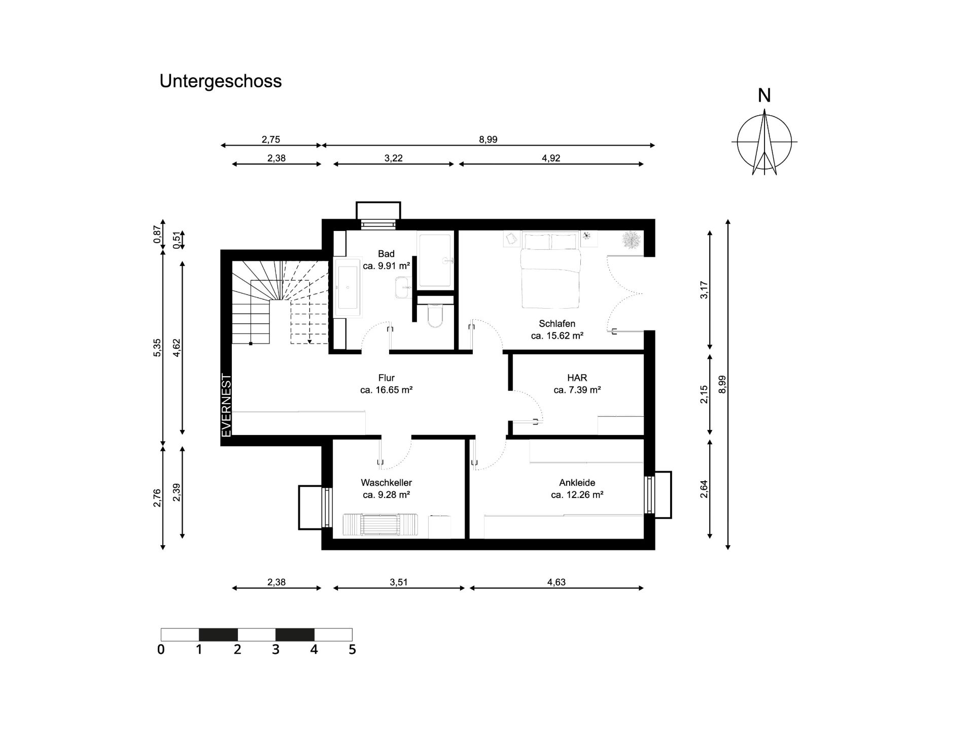 Grundriss des Untergeschosses mit Flur, Schlafzimmer, Bad, Waschraum, Ankleide und HAR.