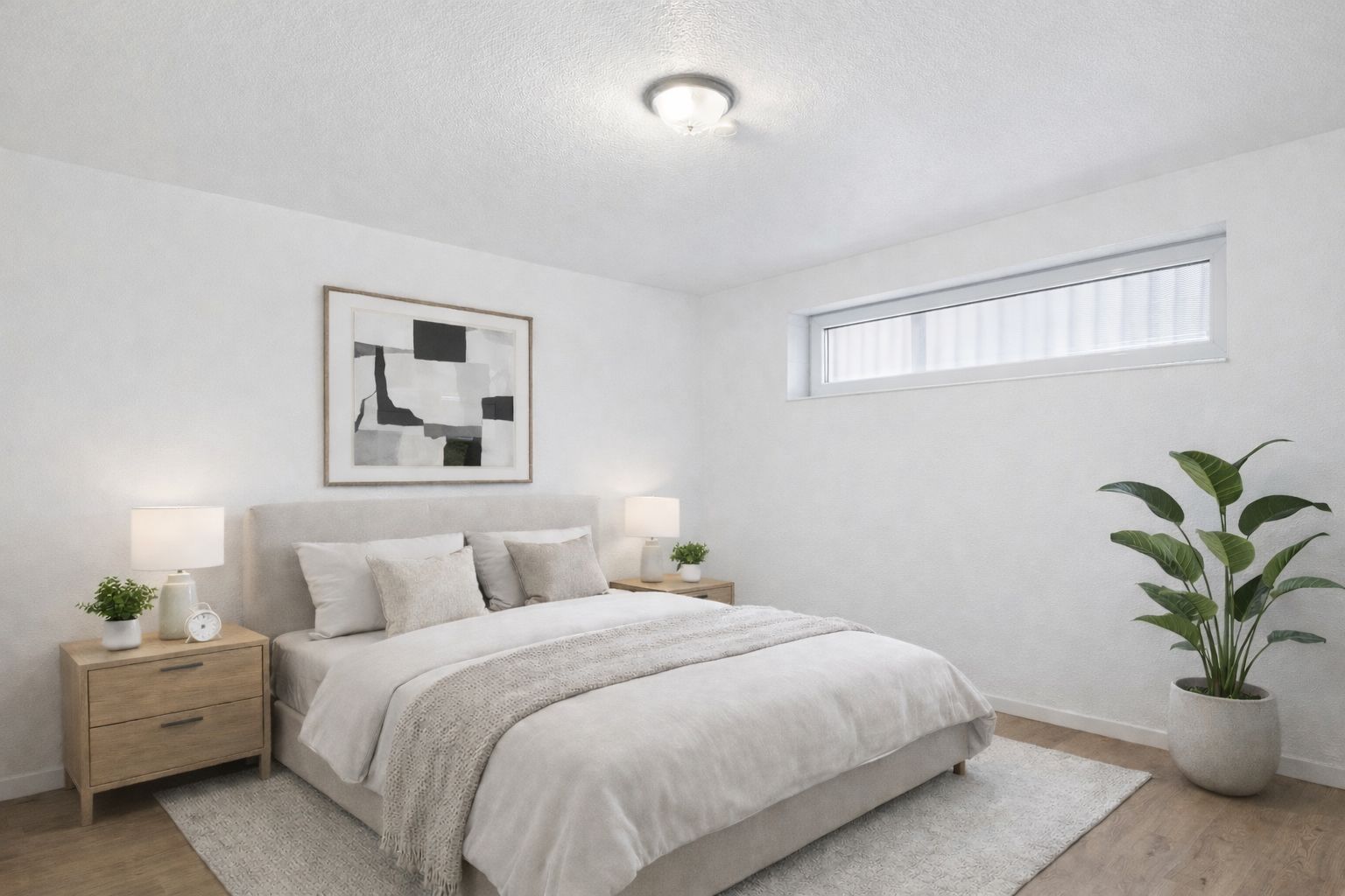 Helles Schlafzimmer mit Doppelbett, zwei Nachttischen, Wandbild und großem Pflanzentopf.