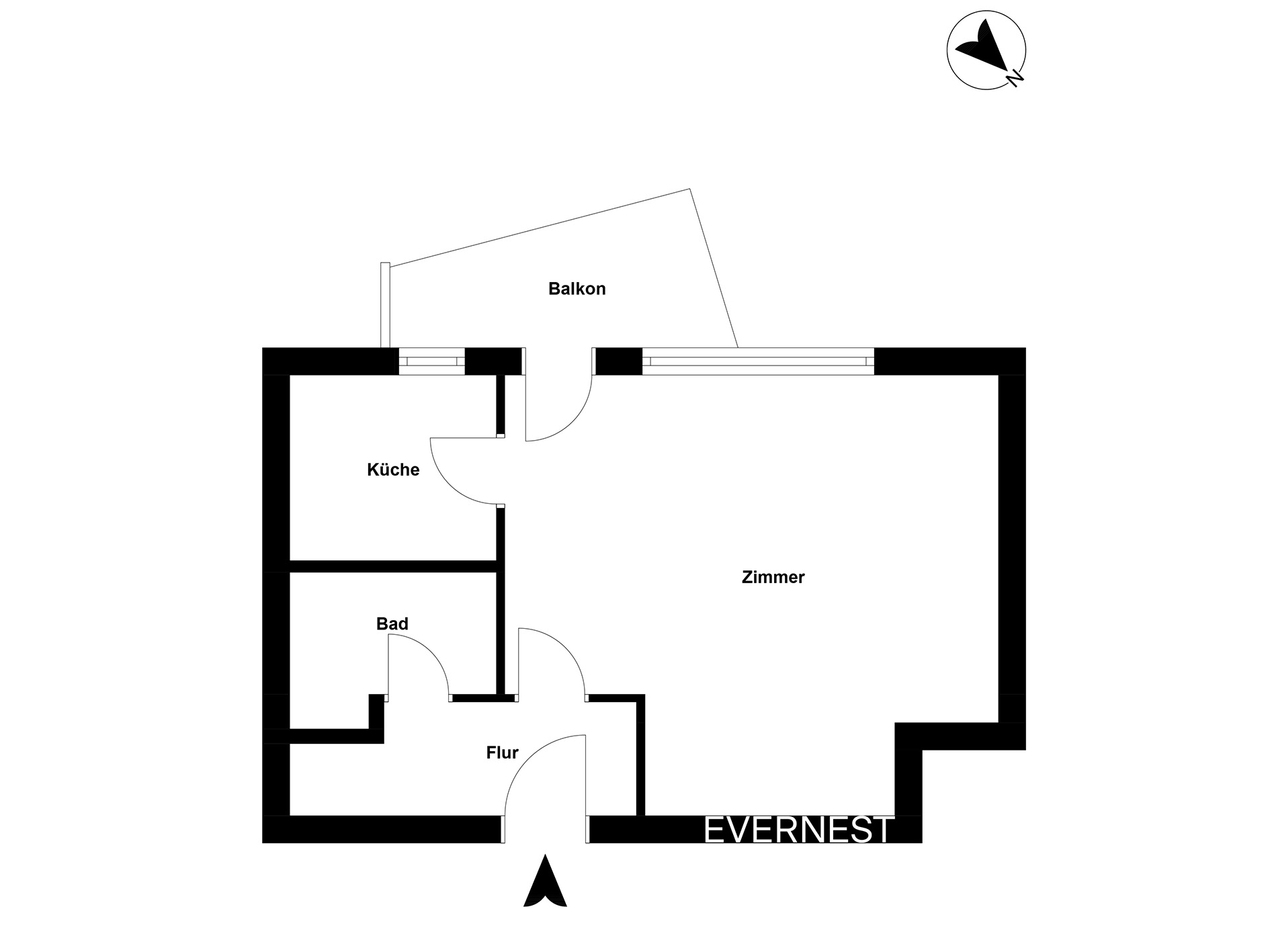 Grundriss einer Wohnung mit Zimmer, Küche, Bad, Flur und Balkon.