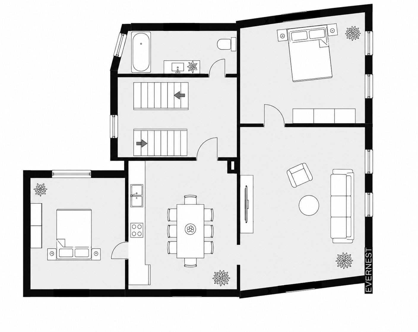 Grundriss einer Wohnung mit zwei Schlafzimmern, Wohnzimmer, Küche, Essbereich und Bad.