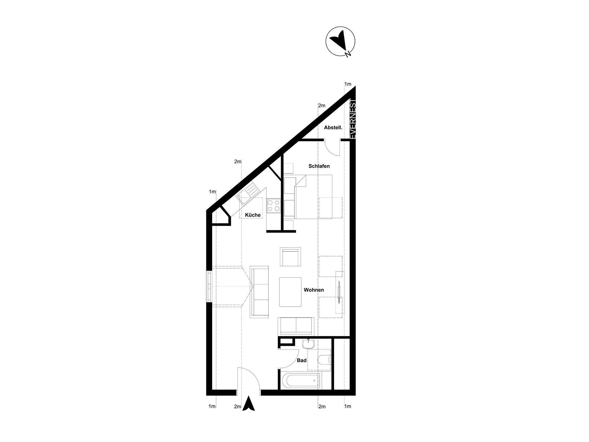 Grundriss einer Wohnung mit Küche, Wohnbereich, Schlafzimmer, Bad und Abstellraum.