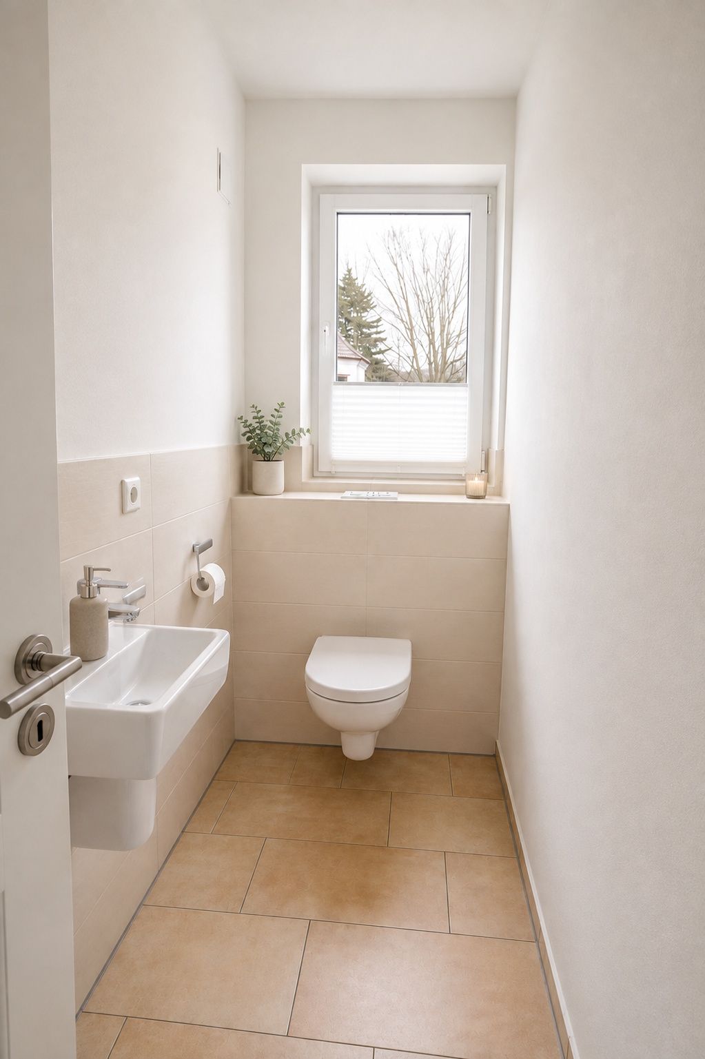 Helles, schmales Badezimmer mit Wand-WC, kleinem Waschbecken und Fenster.
